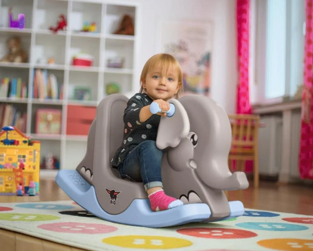 Big Rocking Elephant – słodki bujany zwierzak dziecięcy z szeroką podpórką na stopy, dla chłopców i dziewczynek, słoń na biegunach dla dzieci od 1 roku życia, szary