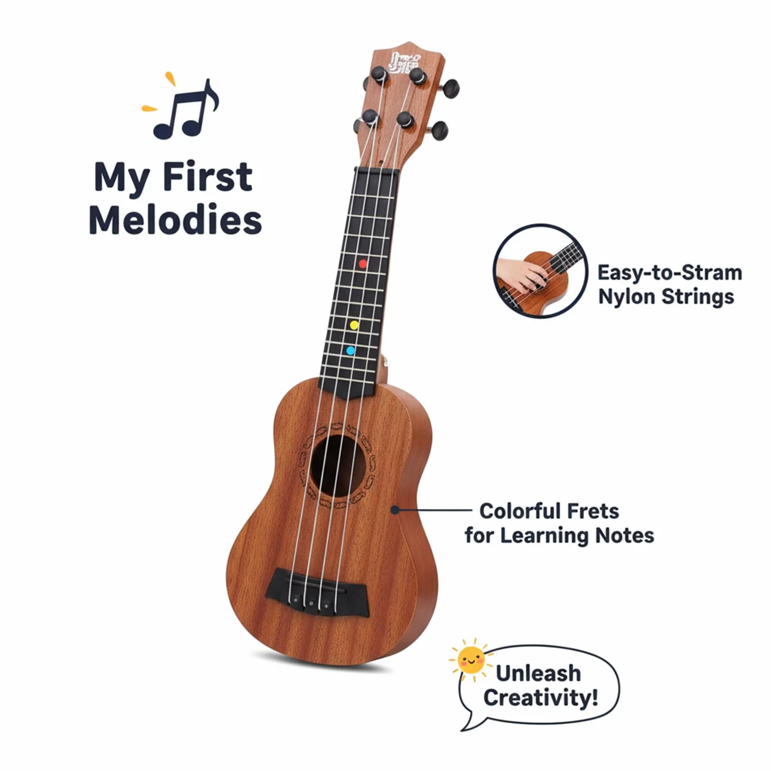 Gitara dziecięca z drewna, 44 cm, zabawka, gitara dla dzieci od 3 lat, z 4 regulowanymi bokami, dla małych dzieci, początkujących, chłopców, dziewcząt, instrumenty muzyczne
