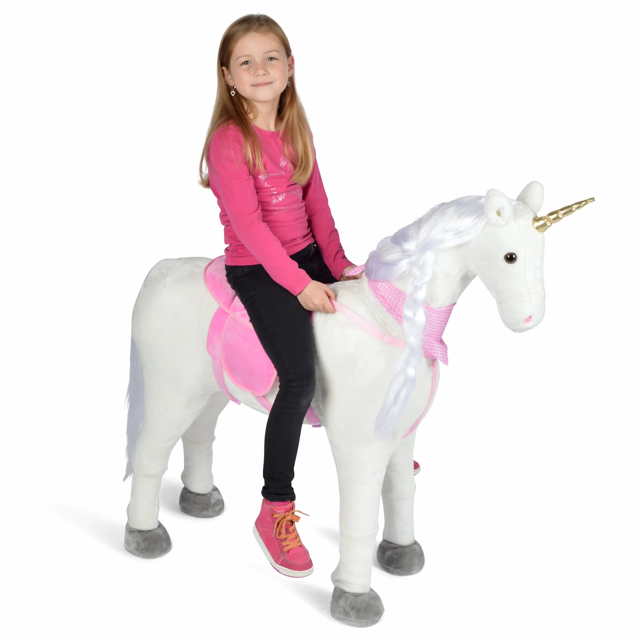 Riesen-einhorn Pink Papaya Pluszowy koń XXL 105 cm – ogromny XXL do jazdy konnej, wspaniały do 100 kg, zabawny koń ze szczotką do siedzenia – marzenie dzieci