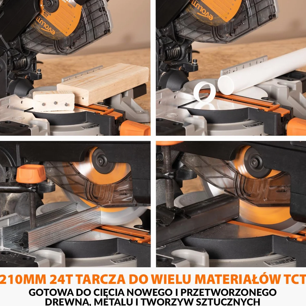 Evolution Power Tools R210MTS-G2 Zmienna piła ukośna/stołowa, kompaktowa, wielofunkcyjne cięcie różnych materiałów, ostrze TCT w zestawie do cięcia drewna, plastiku i metalu, 210mm