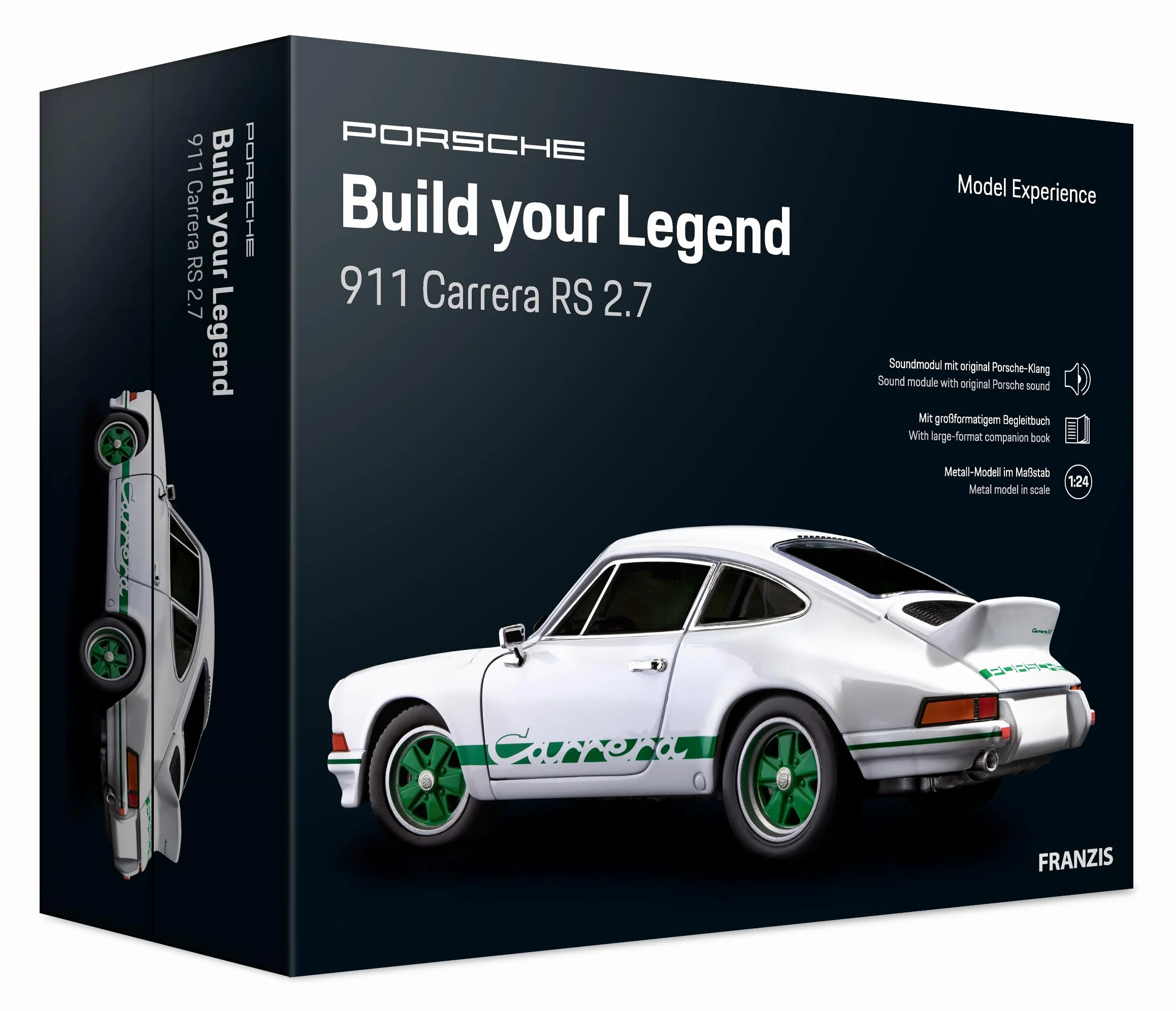 FRANZIS 67217 - Porsche Carrera RS - Build your Legend - a true-to-life model kit of 1:24 scale, a powerful sound base and LED showroom lights included and a comprehensive accompanying book