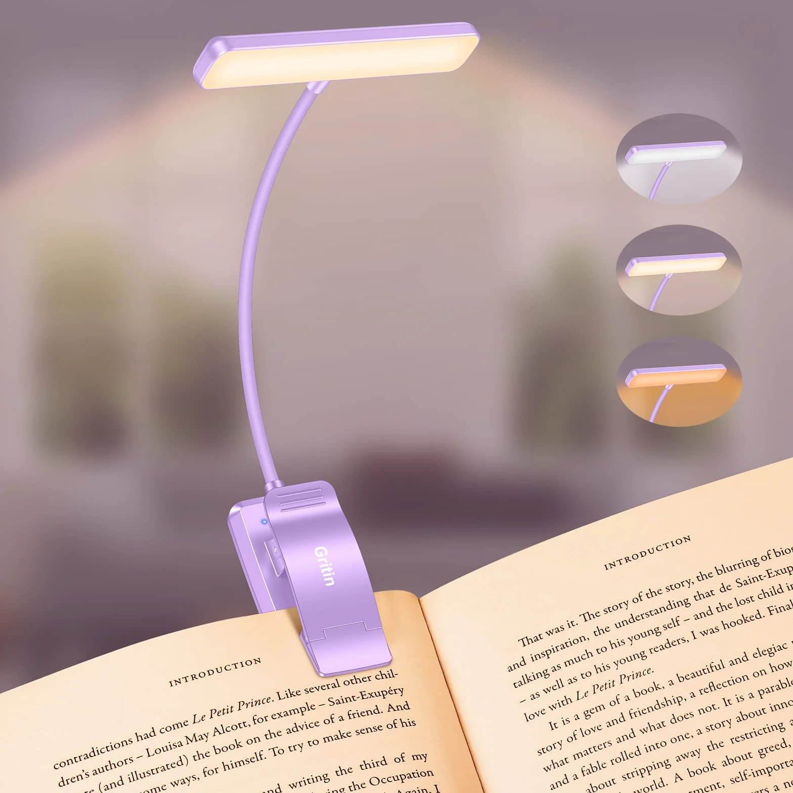 Gritin Lampka do Czytania 19 LED, Ładowana Przez USB, 3 Tryby Temperatury Barwowej, Długa żywotność baterii, Płynna Regulacja Jasności, Elastyczna Lampka Zaciskowa 360° do Czytania w Łóżku -Fioletowy