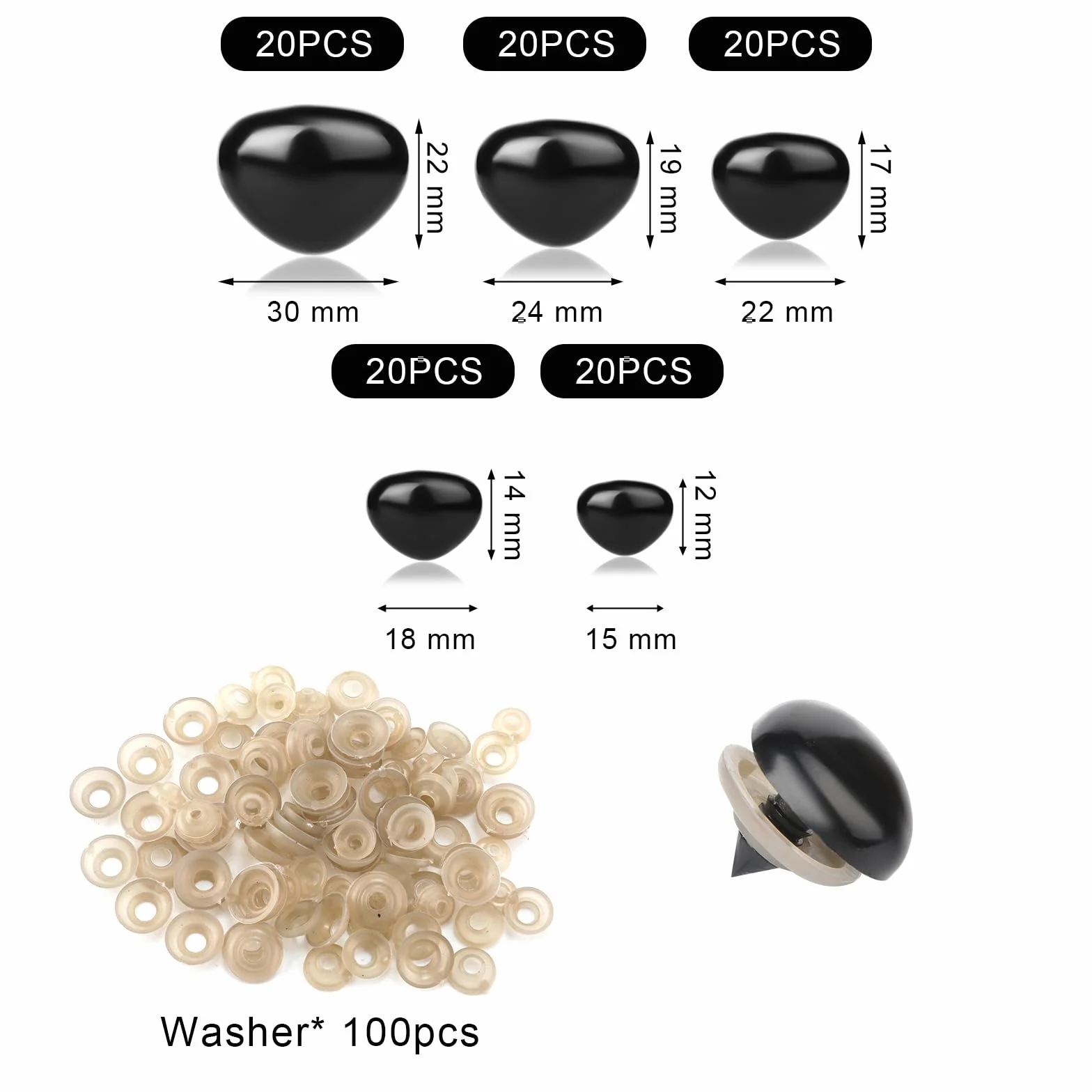 100szt Plastikowe Noski Bezpieczenstwa Zwierzat, Safety noses for Stuffed Animals Nosy Lalek z Podkladkami Nosy Bezpieczenstwa Wypchanych Zwierzat dla Lalek Pluszowa Zabawka (5 Rozmiarów)