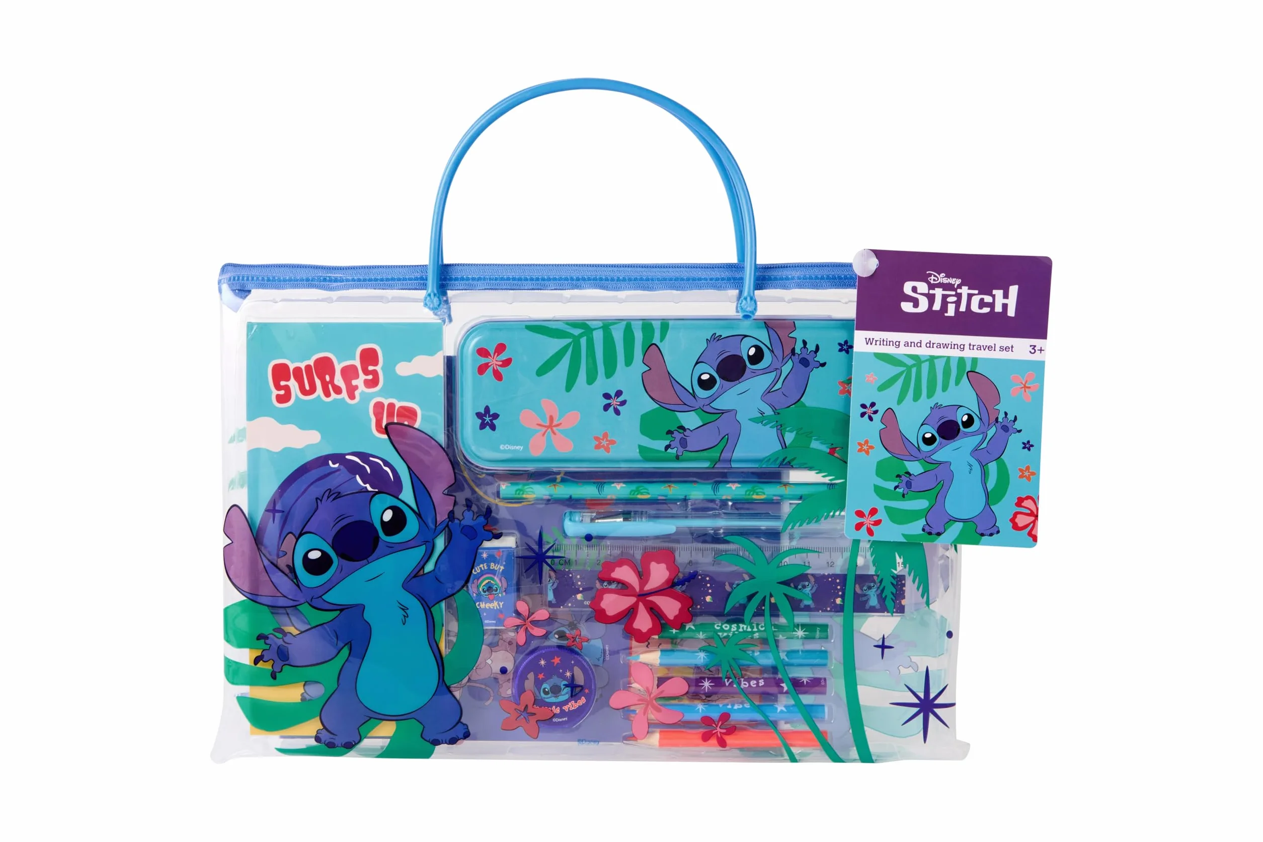 Disney Stitch zestaw podróżny do pisania i rysowania | Zestaw do malowania i rękodzieła dla dzieci z piórnikiem, długopisami i kartkami do kolorowania | Kreatywny zestaw podróżny w torbie z uchwytem |