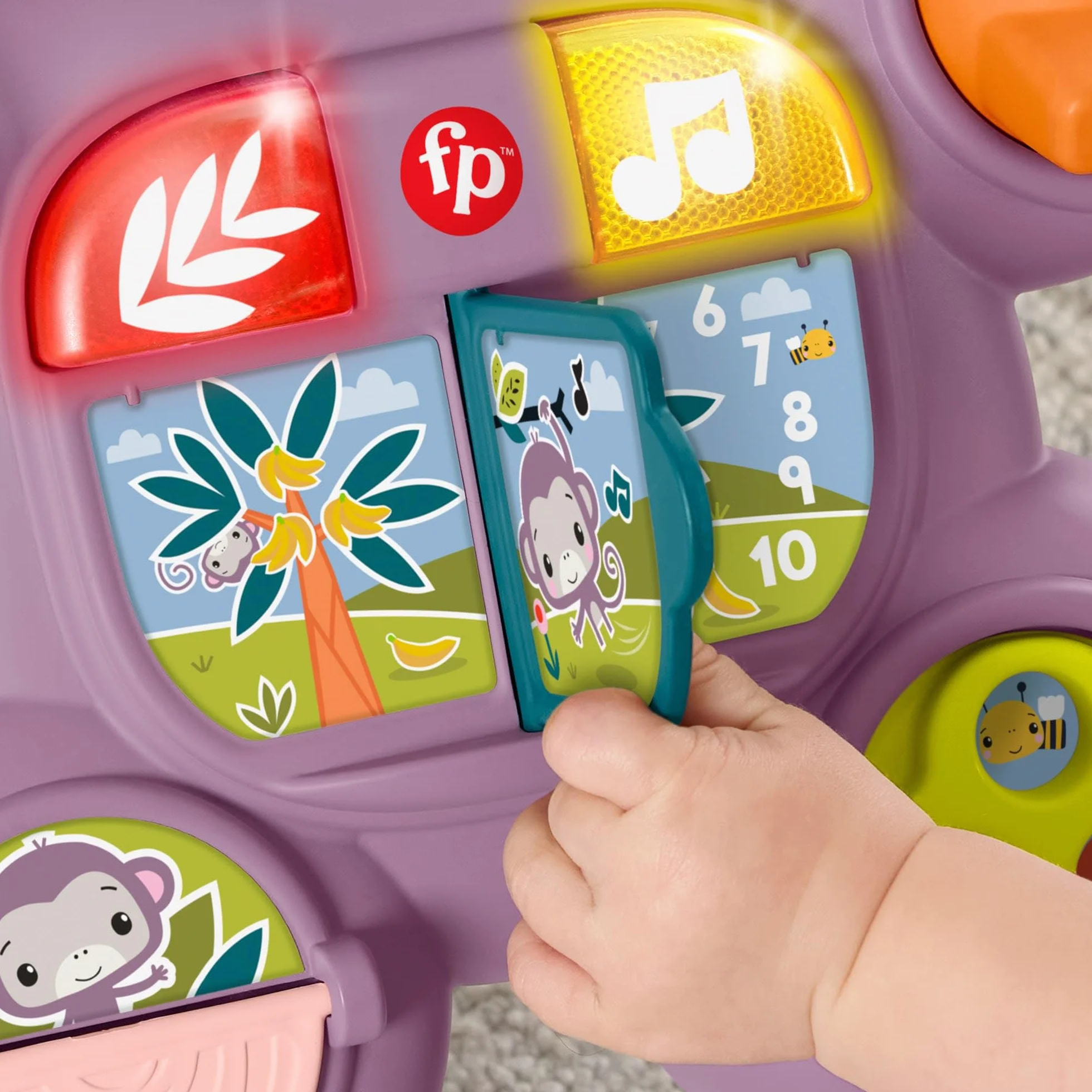 Fisher-Price Fioletowa Małpka Interaktywny Chodzik-Pchacz Muzyka, światełka i elementy aktywizujące, interaktywna zabawka dla dzieci od 6 miesiąca życia, JGW90