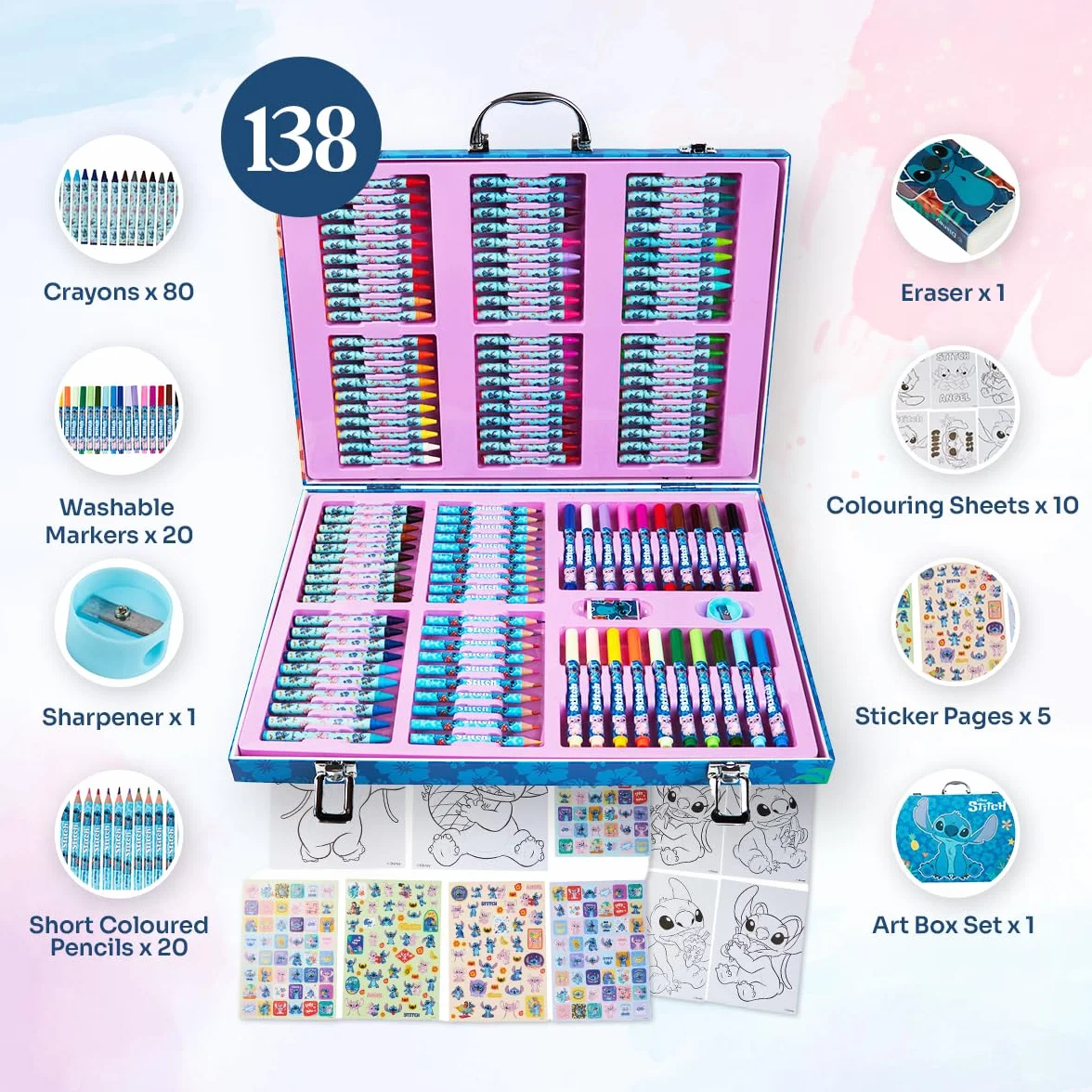 Zestaw artystyczny Disney Stitch dla dzieci, ponad 130 sztuk, kredki do kolorowania z filmu Króla Loda, kredki do kolorowania, artystyczne przybory dla księżniczek, prezenty Stitch (wielokolorowy