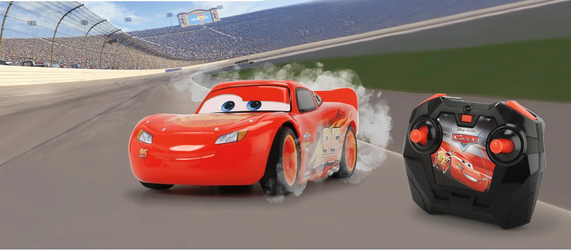 Jada Toys Disney Auta Cars Zygzak McQueen samochód zdalnie sterowany z funkcją turbo, Oficjalny licencjonowany pojazd i 2-kanałowy pilot, funkcja ładowania USB, skala 1:24, 17 cm, dla dzieci od 3 lat