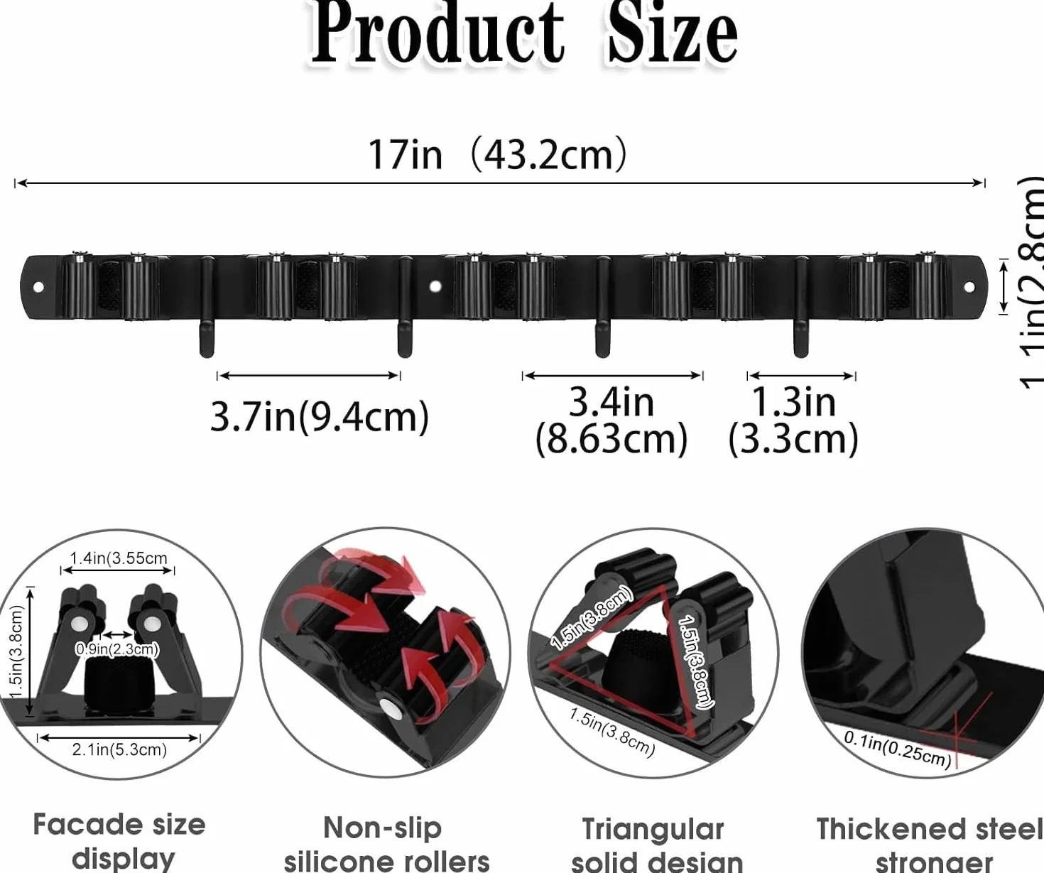 Ściana na miotłę, 5-uchwyty i 4-haki czarne Heavy Duty uchwyt na narzędzia samoprzylepny, uchwyt na miotłę z zainstalowaniem gwoździ, uchwyt na narzędzia ogrodowe