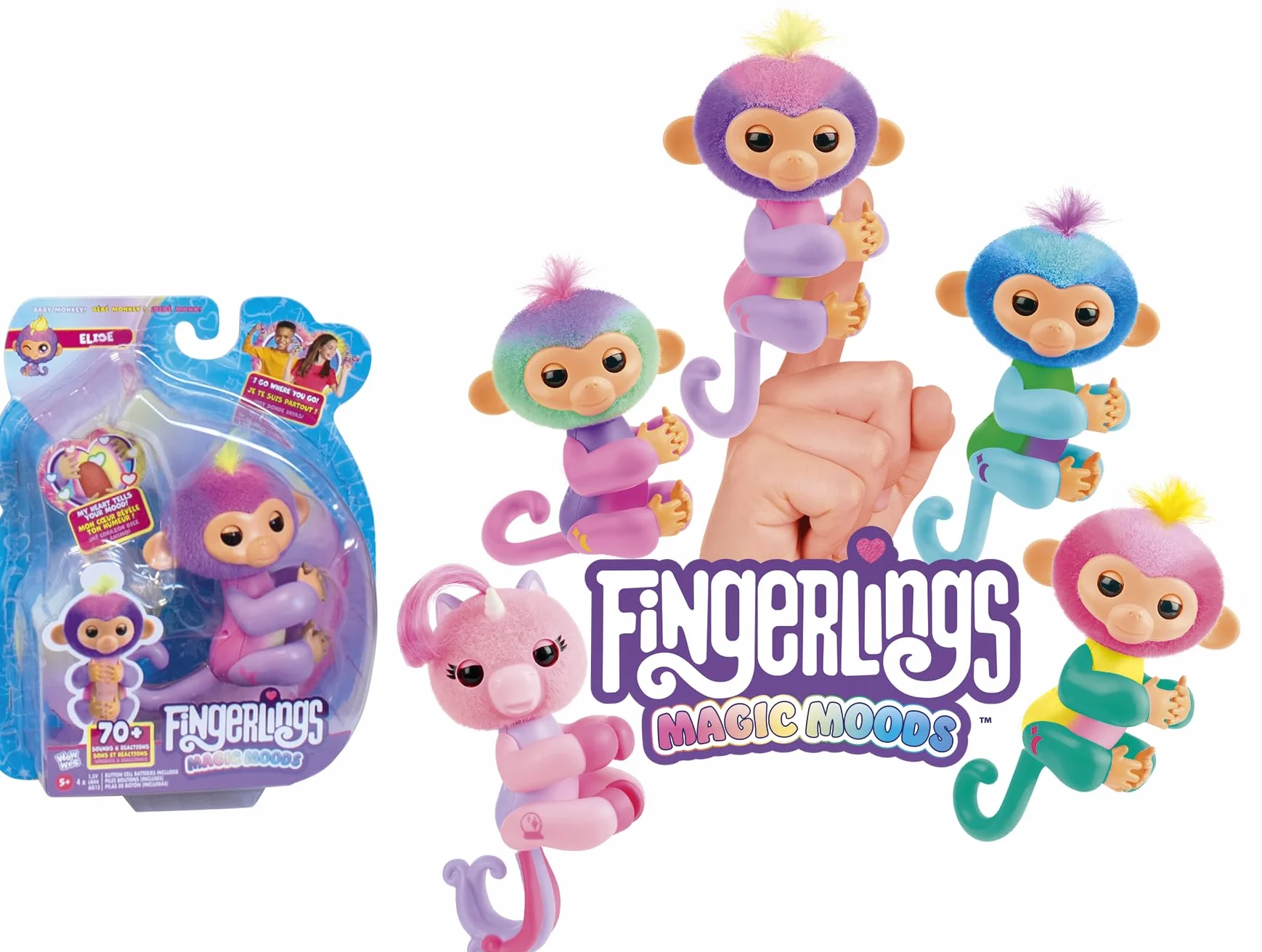 Lansay - Fingerlings – Magic Moods Jade – zawieszka Klara na palcach – jego serce świeci w zależności od nastroju – komunikuje się z 70 tonami i reakcjami – baterie w zestawie – interaktywny