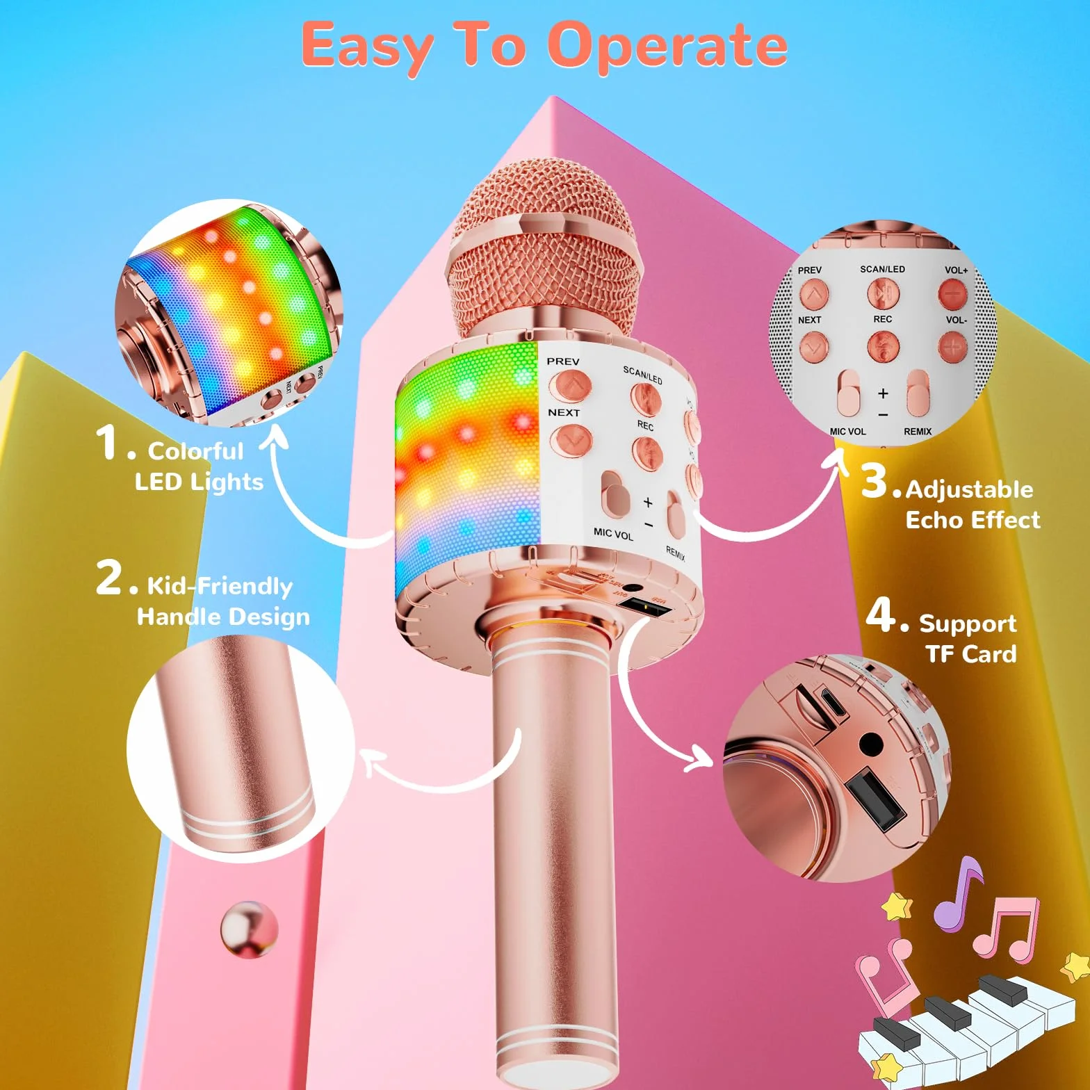 Ankuka Bezprzewodowy Mikrofon Karaoke 4w1 Bluetooth Głośnik z Światłami LED