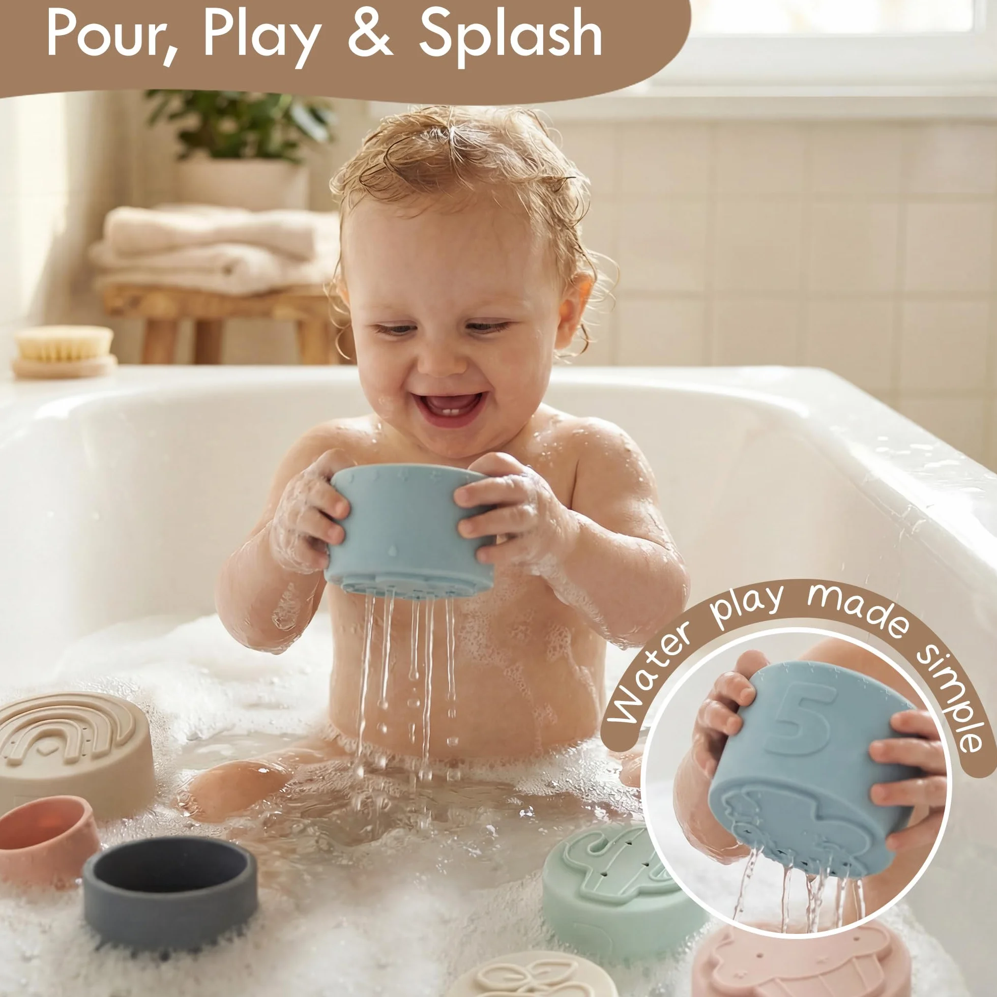 Moonkie Baby Stacking Cups Toy, zabawna edukacja układa kubka silikonowa zabawka dźwiękowa (Fine Day)
