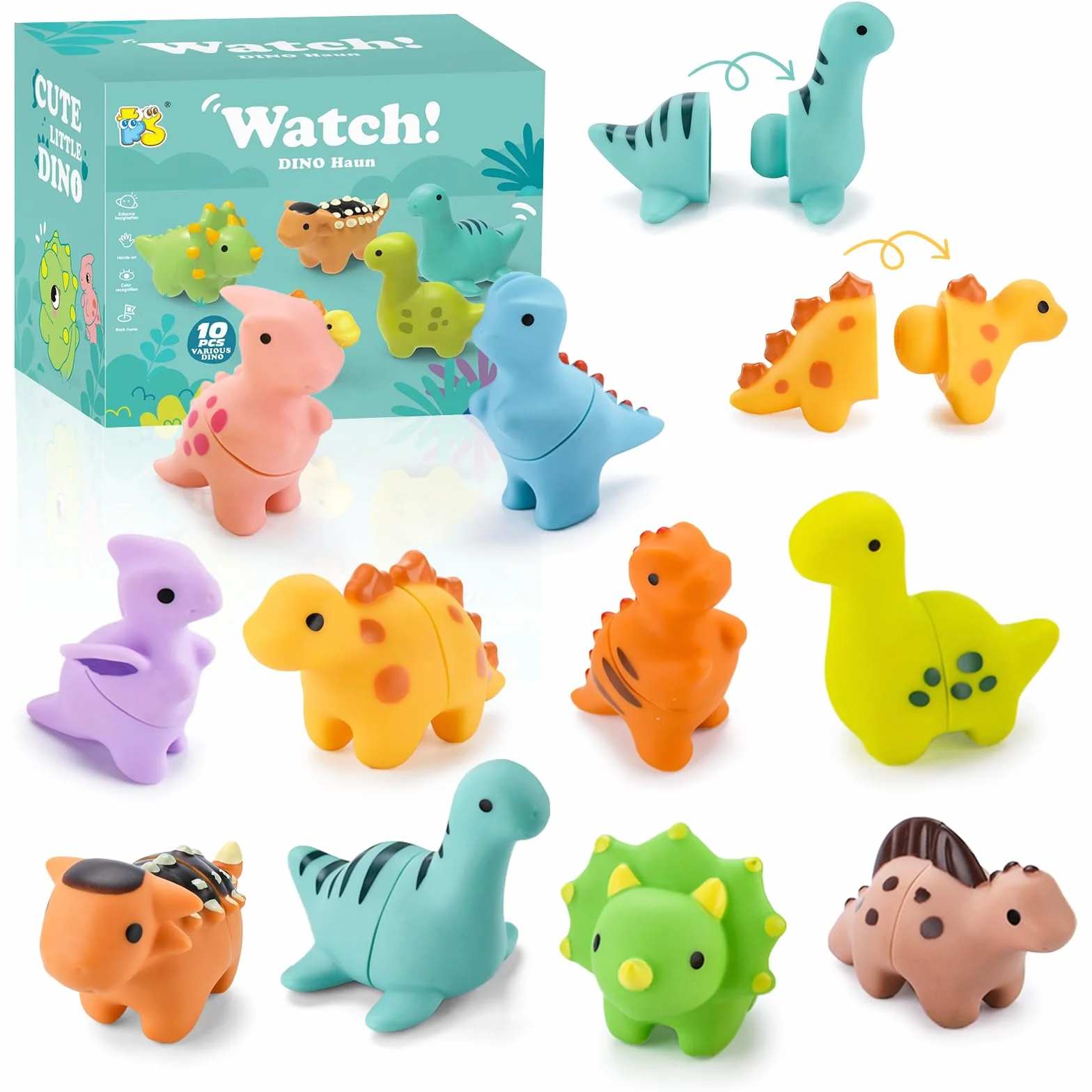 JOYBOY Montessori zabawka edukacyjna z 10 dinozaurami, różne kolory i układanie w stos dla dzieci od 1,2,3 roku, zabawka motoryczna do wspierania motoryki precyzyjnej, chłopców i dziewczynek