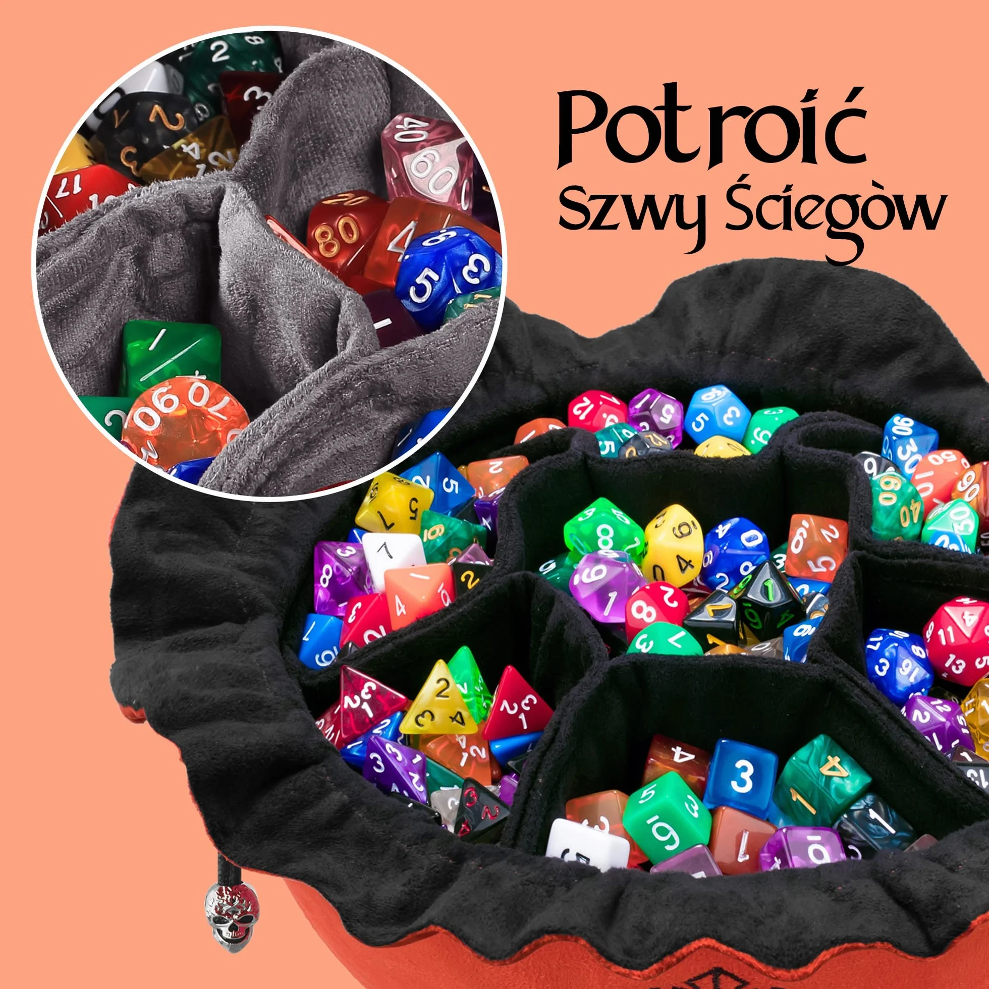 CardKingPro Ogromna Torba na Kości z Kieszeniami - Spalona Pomarańcza - Pojemność 150+ Kości - Świetny Organizer dla Kolekcjonerów, Idealna do Dungeons and Dragons [Opatentowany Design]