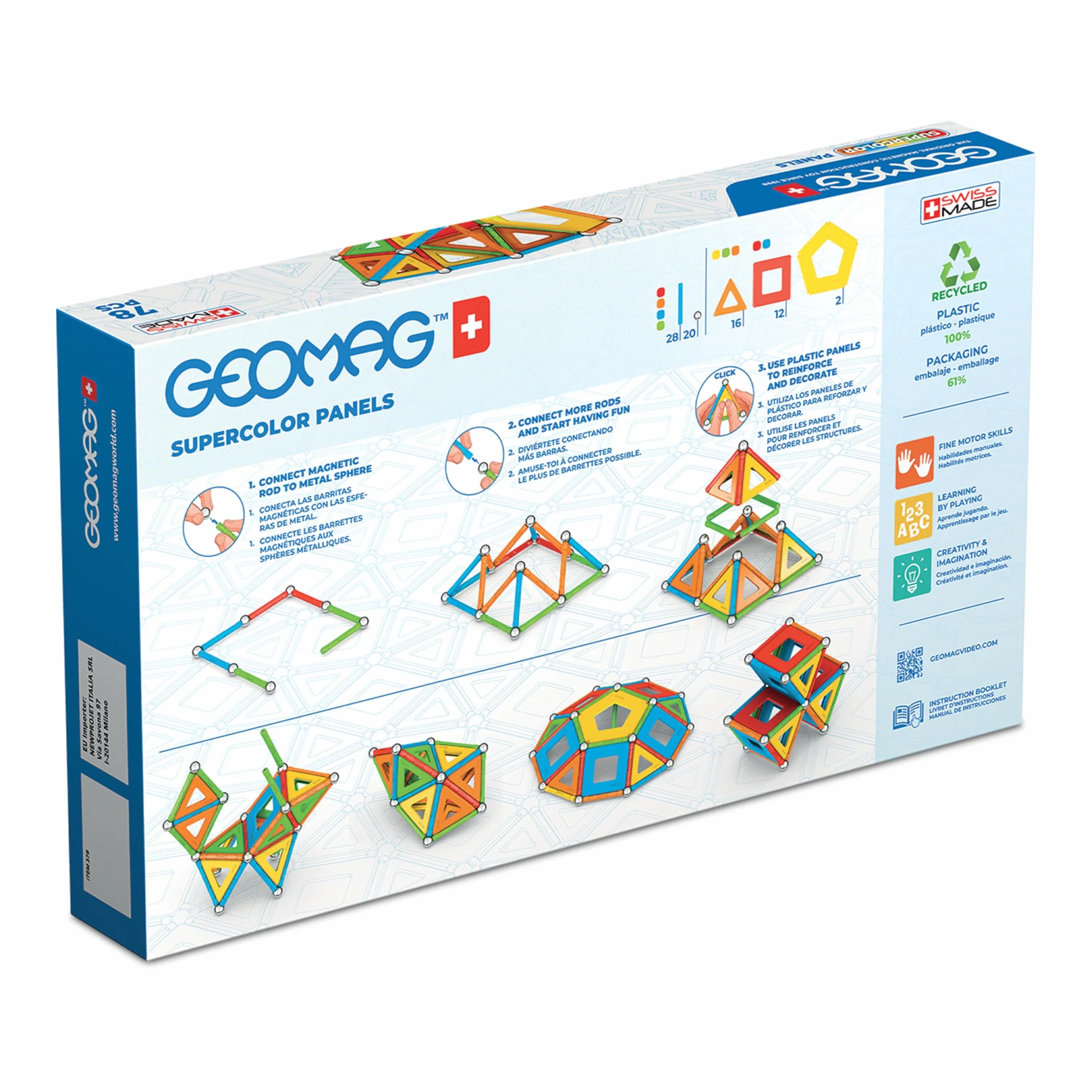 Geomag - Supercolor - Superkolorowe Magnetyczne Klocki dla Dzieci, Zabawka Magnetyczna, Gra Edukacyjna, Green Collection, 100% Plastiku z Recyklingu, 78 sztuk