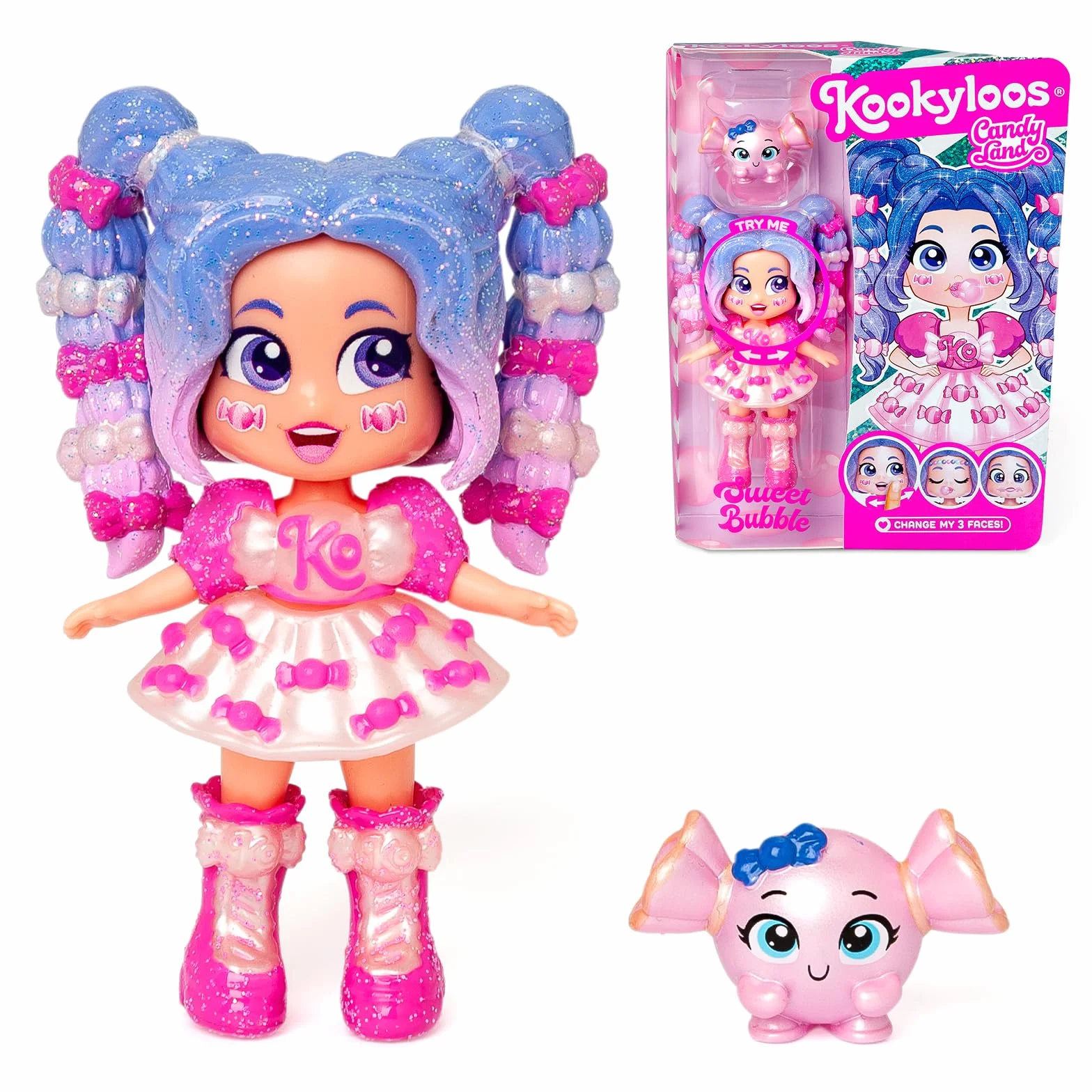 KOOKYLOOS Candy Land Series SWEET BUBBLE – laleczka do kolekcjonowania z serii Candy Land, zawartość: 1 lalka, zestaw ubrań i butów, akcesorium oraz zwierzątko,1 lalka ma 3 różne buzie!
