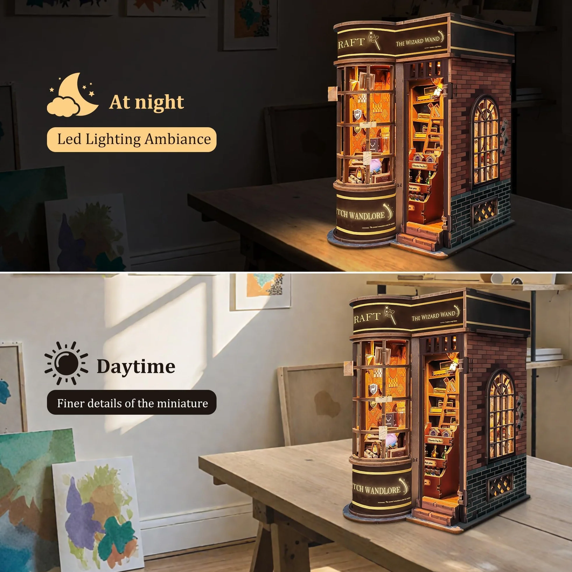 Zestaw do budowy wnętrza książkowego dla dorosłych: LUMYCE drewniane puzzle DIY miniaturowy dom 3D dom lalek - podpórka do księgarni z oświetleniem LED, kreatywny prezent dla czytelników