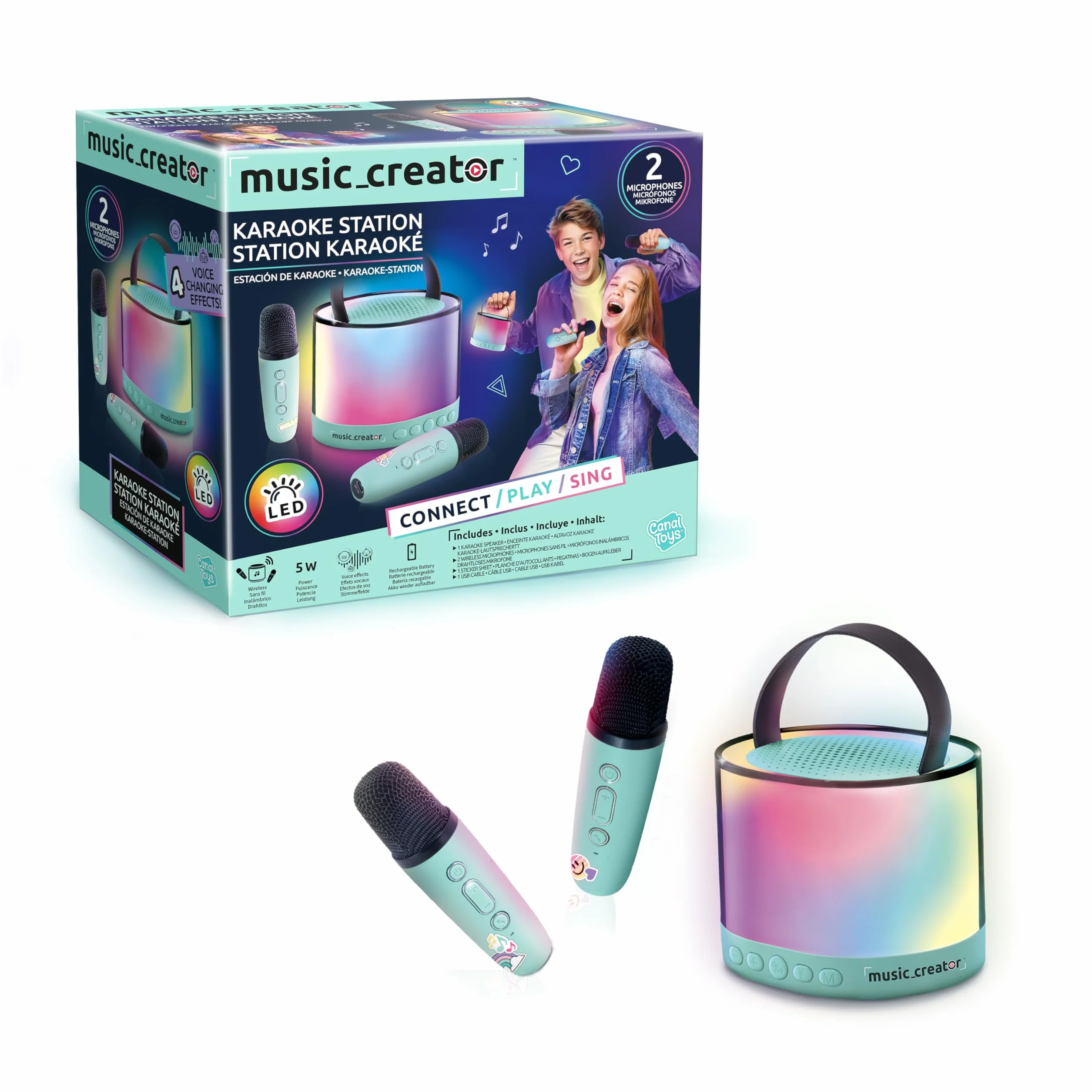 Canal Toys Stacja do karaoke Bluetooth z 2 bezprzewodowymi mikrofonami i efektami głosowymi, przenośny głośnik LED, 4 efekty głosowe, regulacja głośności i echo, kompatybilna z kartami SD