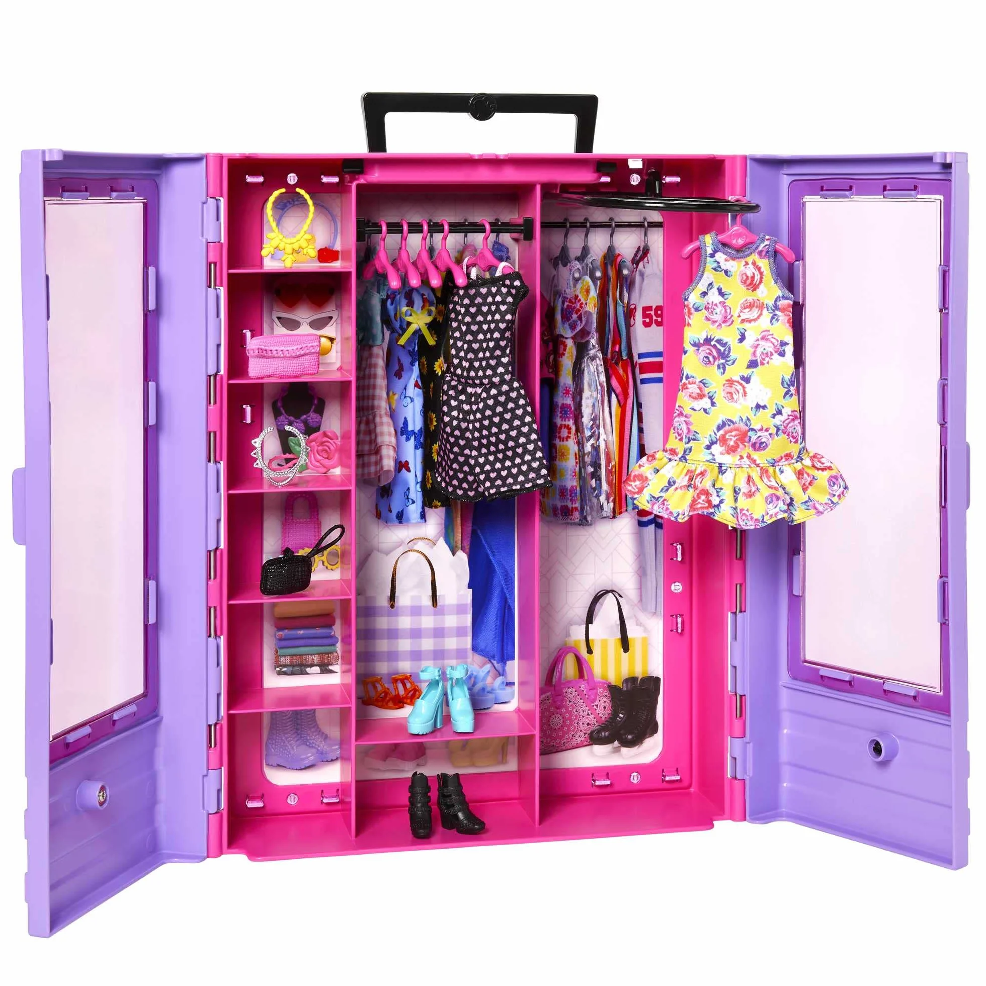 Barbie Hjl66 - Garderoba Fashionistek, Zabawka do Noszenia Z Lalką, Ubrankami, Akcesoriami i Wieszakami, Prezent dla Dzieci od 3 Lat