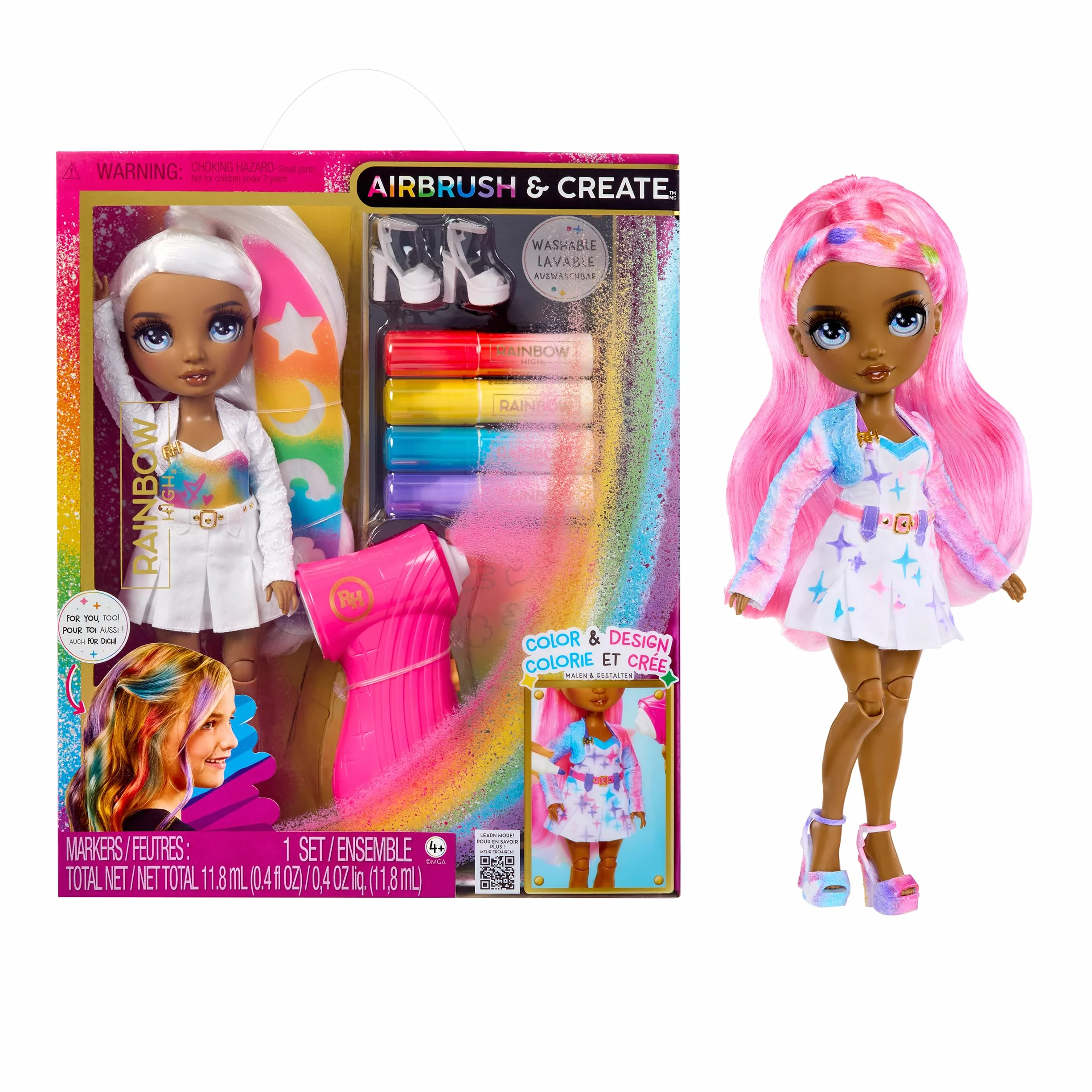 Rainbow High Air Brush & Create - 1 Lalka DIY Z Zestawem Aerografu, Zmywalne Tęczowe Markery, Długie Włosy, Szare Oczy, Kreatywna Zabawa Dla Dzieci w Wieku od 4 do 12 lat i Starszych