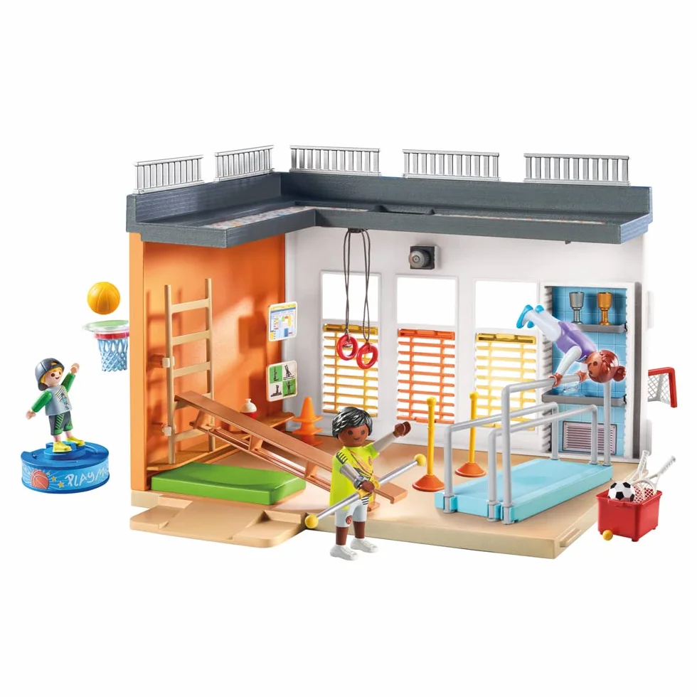 PLAYMOBIL City Life 71328 Rozbudowa "Hala sportowa" z obręczą do koszykówki, słupkami do slalomu, bramką do piłki nożnej, akcesoriami do tenisa i nie tylko, zabawki dla dzieci w wieku, od 4 lat