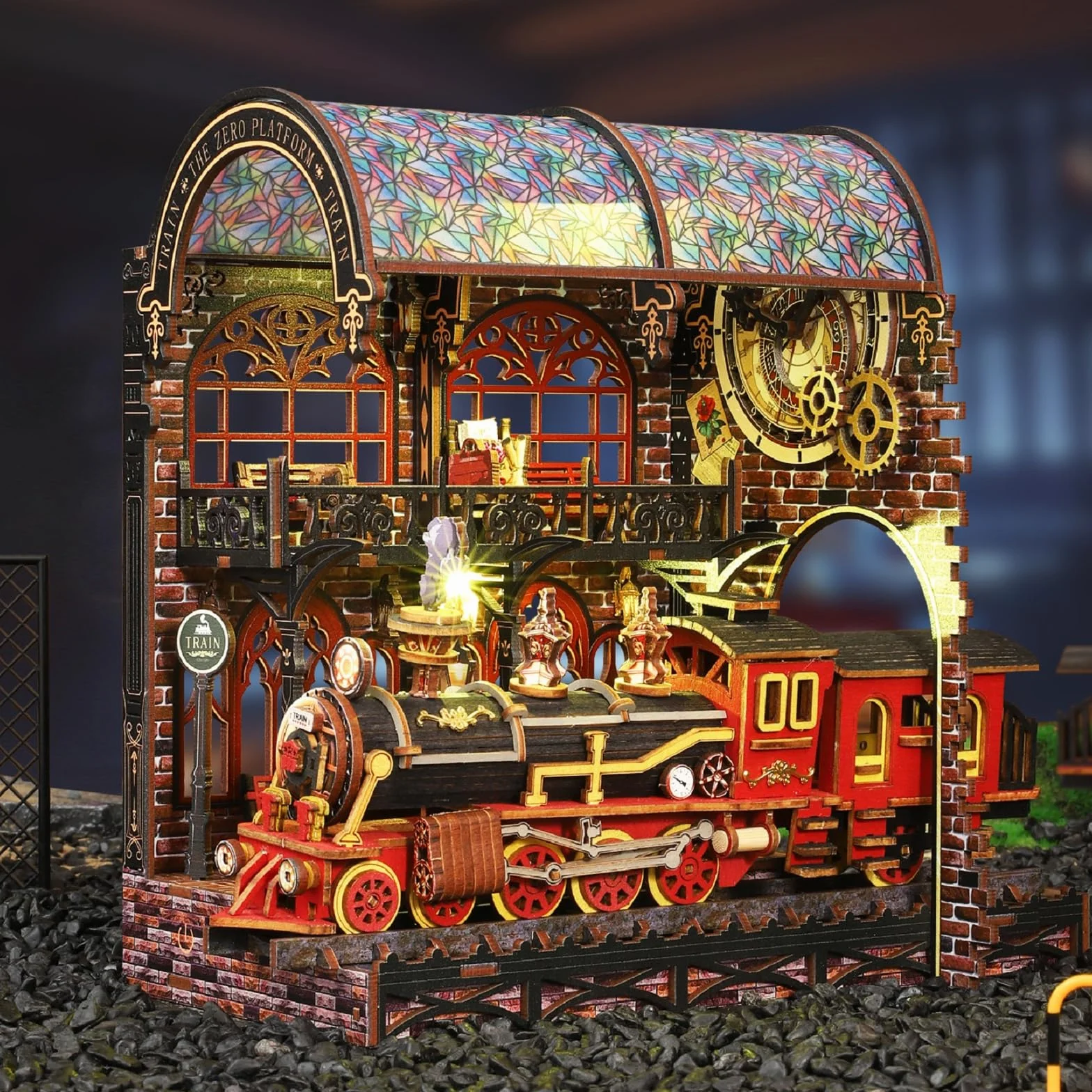 Drewniany zestaw kącika książek 3D puzzle podpórka na książki z LED miniaturowy domek steampunk