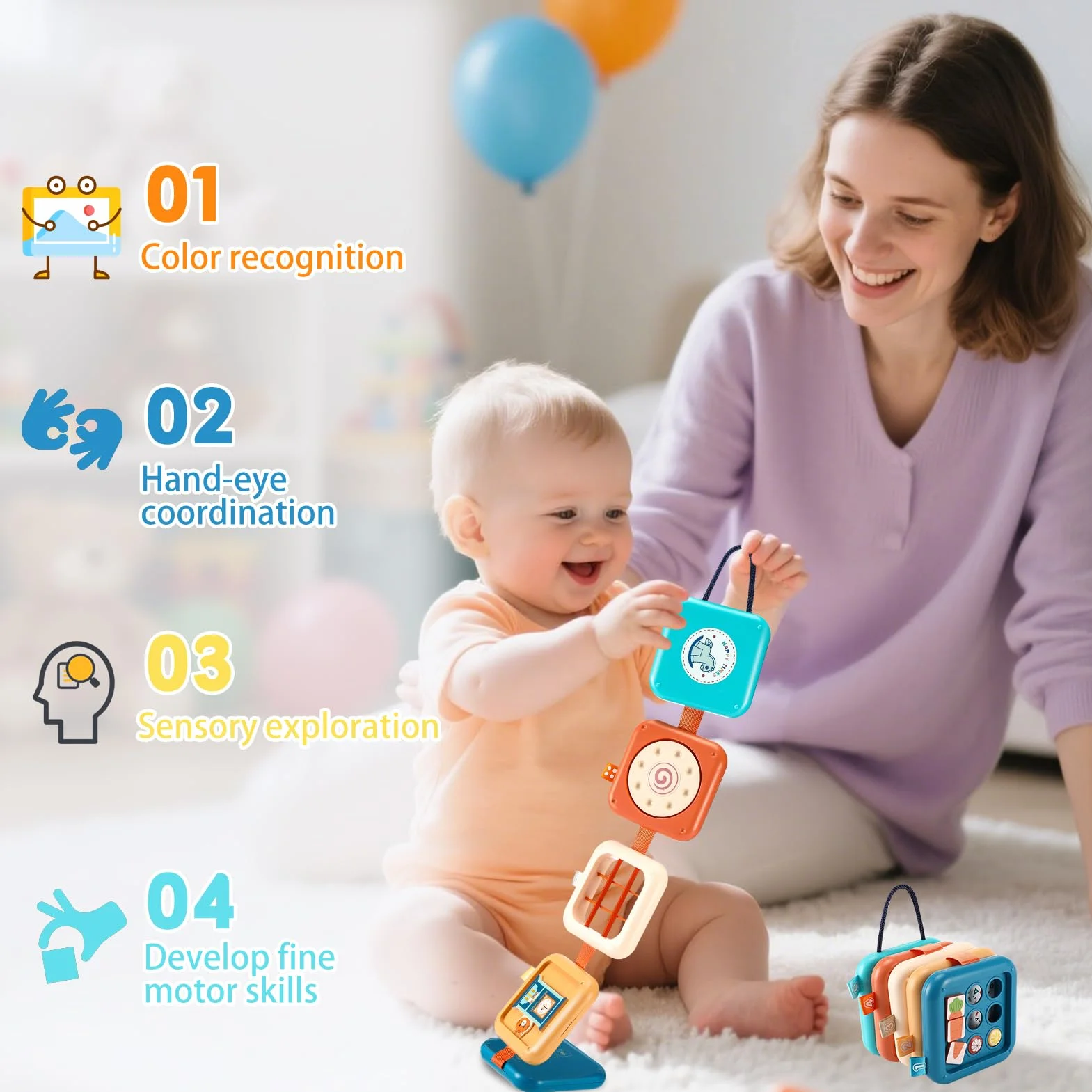 Quuylin Montessori zabawka dla niemowląt, 8 w 1, zabawka podróżna do samolotu, zabawka sensoryczna, zabawka motoryczna dla niemowląt, wspomaga poprawę zdolności motorycznych i poznawczych