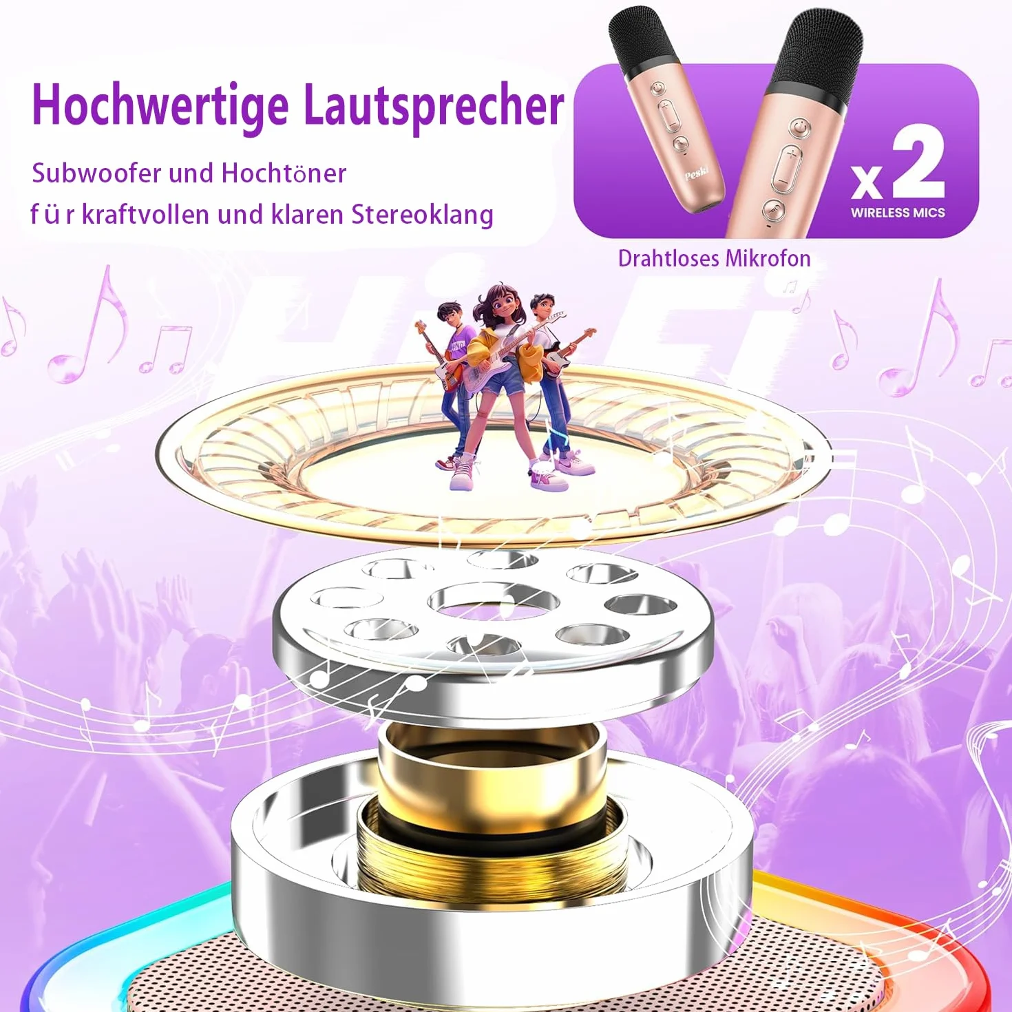 Maszyna do karaoke dla dzieci, mini maszyna do karaoke z 2 mikrofonami Bluetooth, przenośny głośnik Bluetooth z efektami dźwiękowymi i diodami LED, prezent dla dzieci w wieku 3-12 lat, dla dziewcząt i