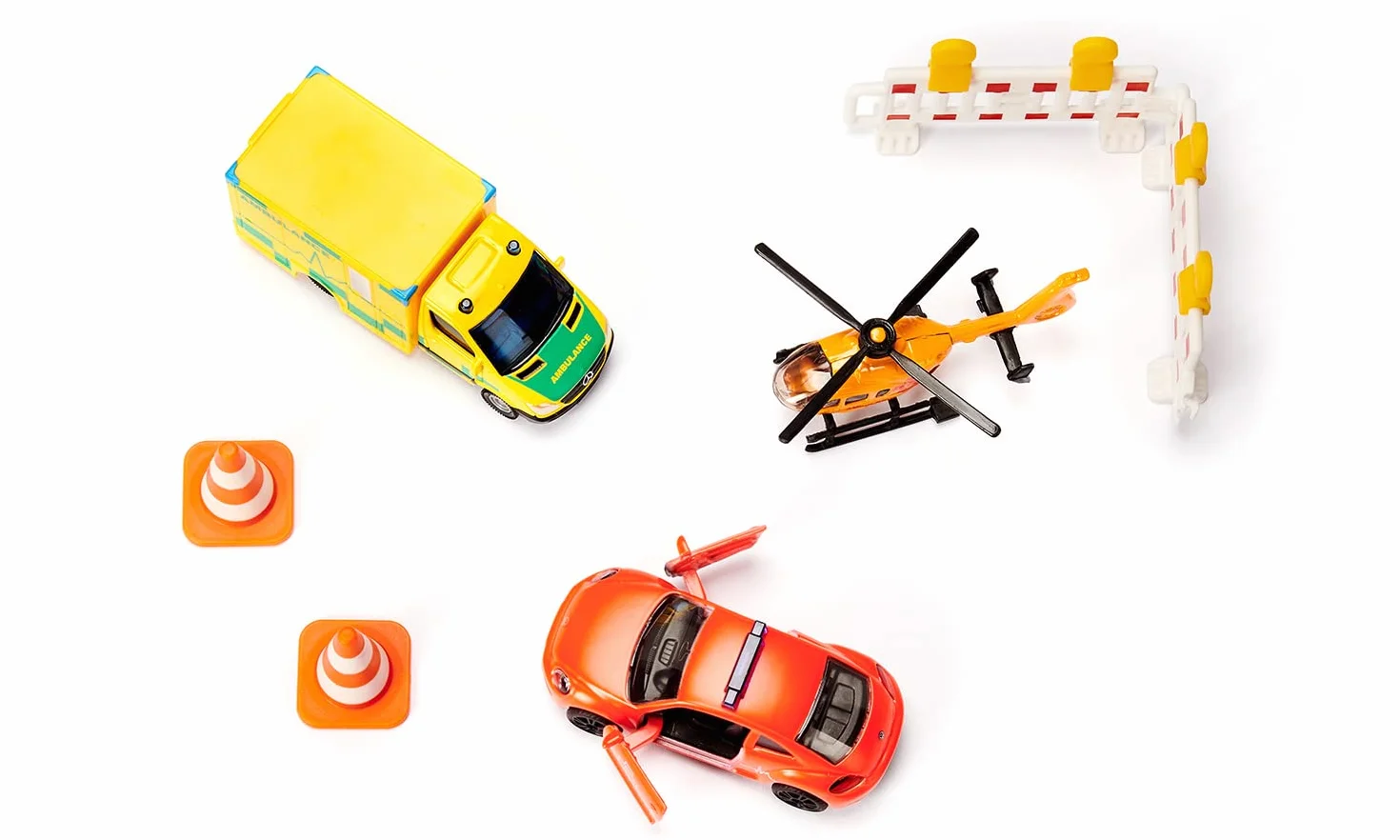 Siku 6332, Zestaw Pogotowie ratunkowe, VW Beetle, Karetka Mercedes, Helikopter, Zestaw zabawek, plastik/metal, wielokolorowy, zawiera 2 słupki i 2 pylony