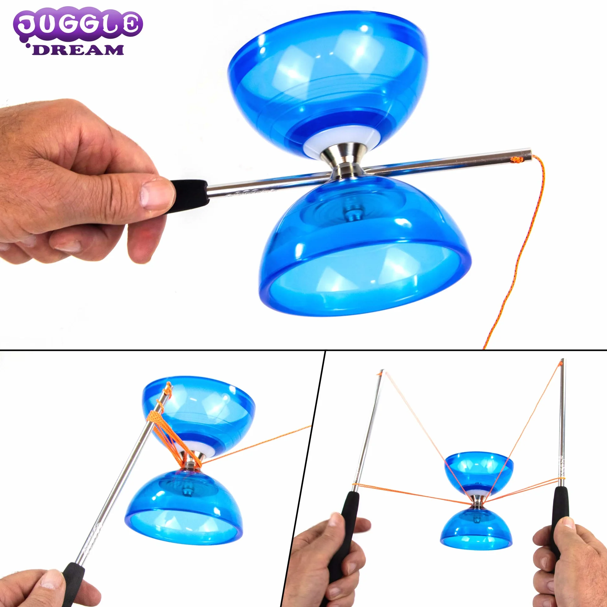 Juggle Dream Cyclone Quartz zestaw do żonglerki Diabolo – profesjonalny bieg z łożyskiem kulkowym, w zestawie aluminiowe pręty, film edukacyjny online – zabawka do żonglowania (niebieski)