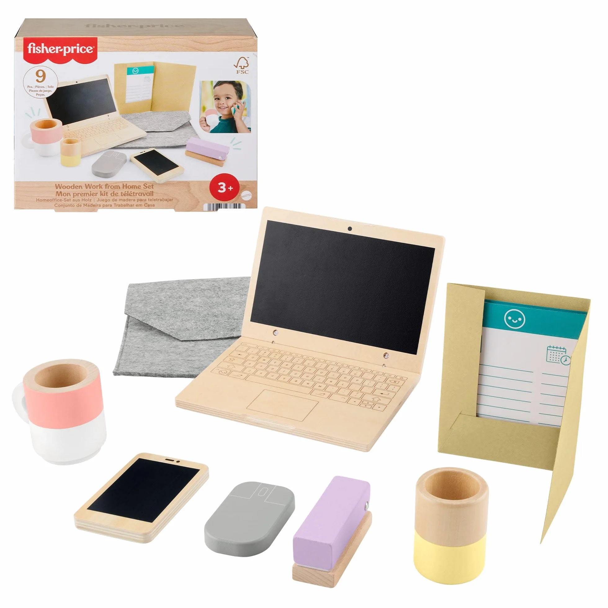 Fisher-Price Domowe biuro malucha Zestaw drewnianych zabawek z 9 elementami, w tym zabawka laptop i zabawka komórka do zabawy w naśladowanie dla dzieci od 3 roku życia, HXV11