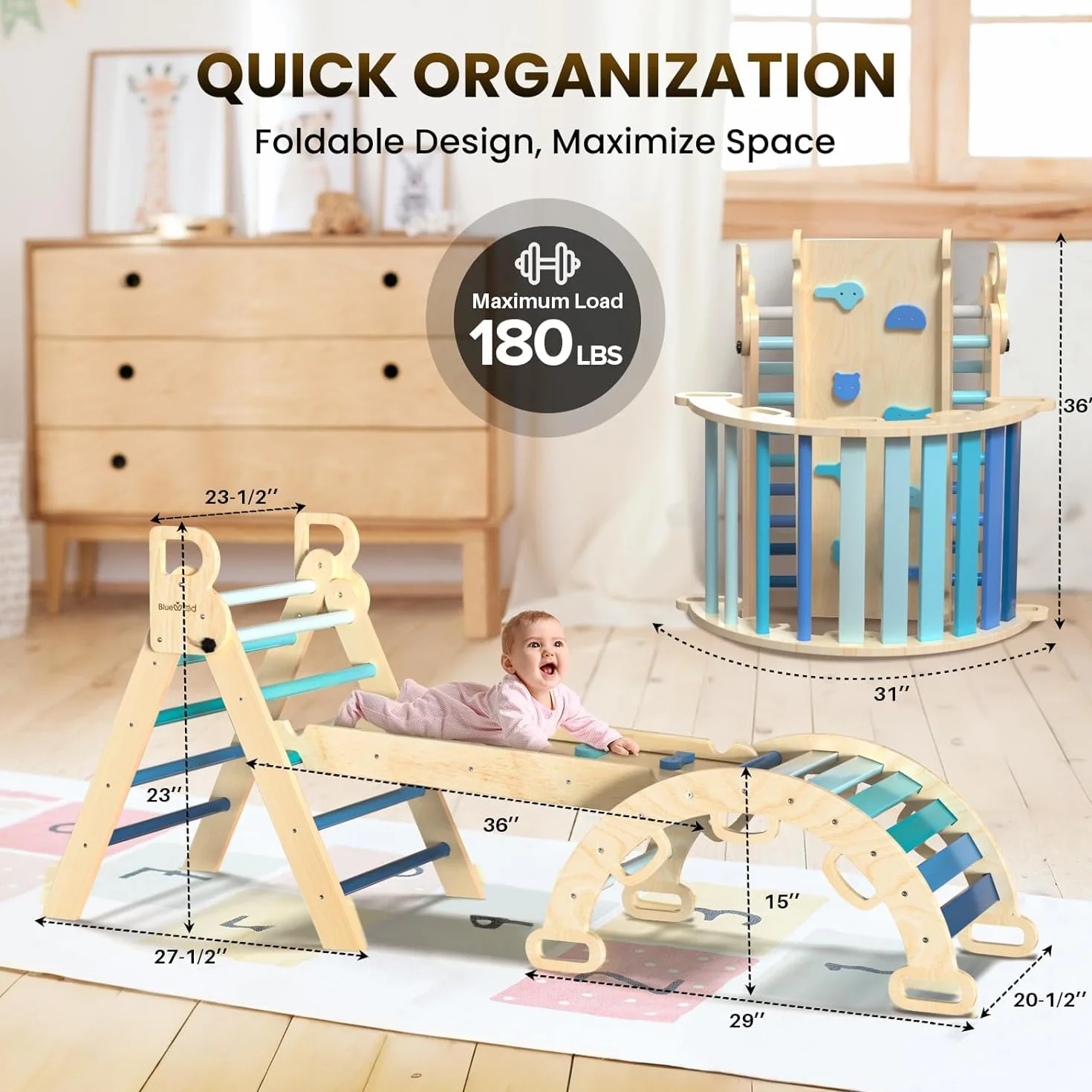 BlueWood Zabawki wspinaczkowe Trójkąt wspinaczkowy, 4 w 1, trójkątna drabina wspinaczkowa z rampą przesuwną i łukiem, zabawka do wspinaczki Montessori dla małych dzieci
