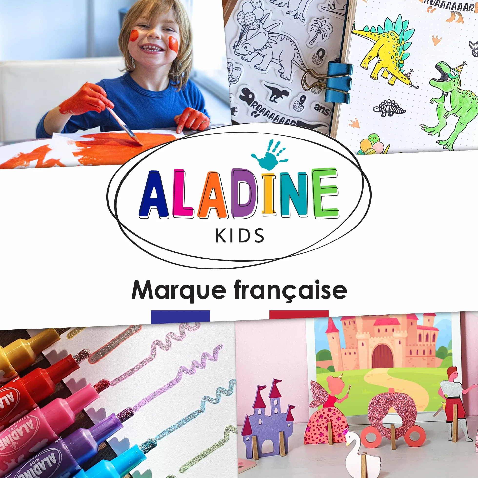 Aladine - 10 tamponów dla zwierząt gospodarskich z atramentem - Wkładki dla dzieci od 3 lat - Stampominos - Zmywalny tusz - Krowa Świnia Kurczak Koń, Aktywność Dziecko Rysunek Chłopiec Dziewczynka