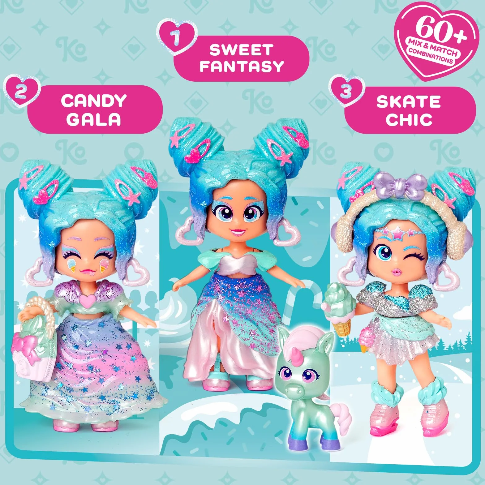 KOOKYLOOS CANDY LAND ICE CREAM STARS – 3 w 1 słodka stylowa lalka,zawartość:1 laleczka,3 stroje,2 pary bucików, mały jednorożec,przekąska, akcesoria Mix&Match i niebiesko-turkusowa torebka babeczka.