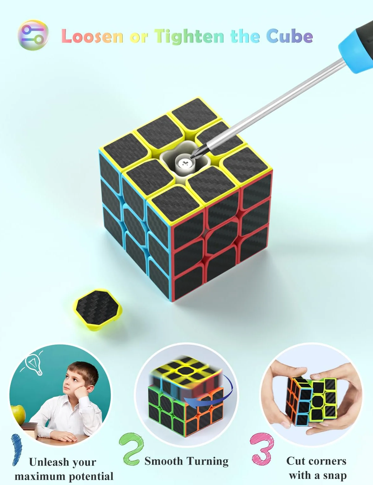 ROXENDA Magiczna Kostka, Speed Cube Set 2x2 3x3 Piramida Magiczna Kostka Prędkości Zestaw (Włókno węglowe)