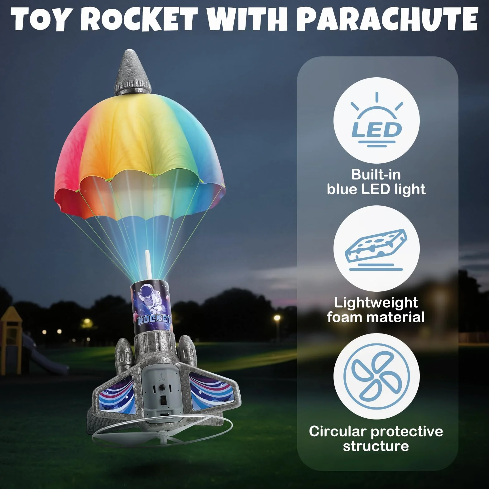 Dreamon Rakieta dla dzieci ze spadochronem LED, zmotoryzowana rakieta, zabawka outdoorowa, prezent dla dzieci w wieku 6, 7, 8, 9 lat