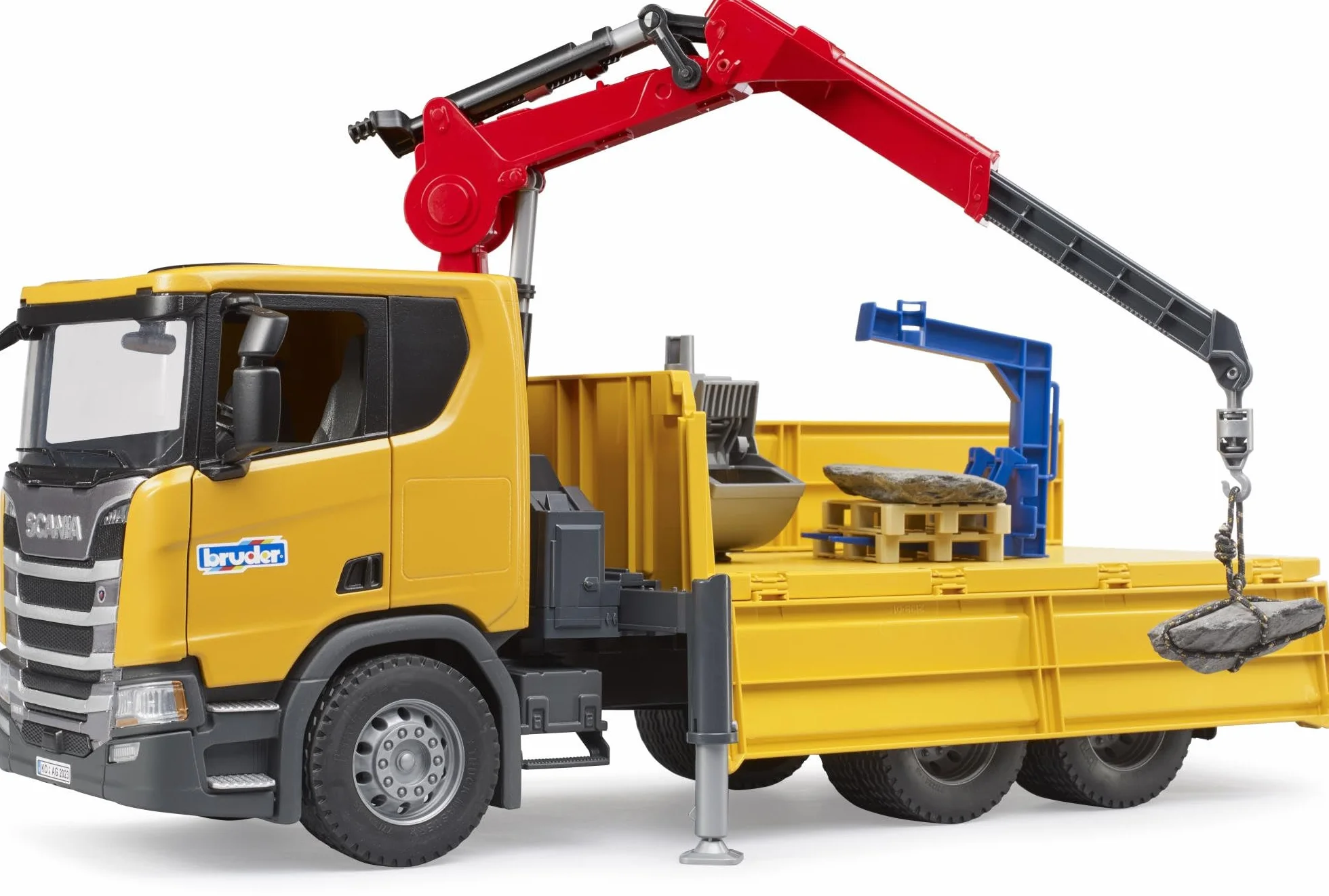 bruder 03551 - Scania Super 560R ci|arówka budowlana z dzwigiem i 2 paletami, pojazdy, pojazd budowlany, ci|arówka z dzwigiem, ci|arówka, zabawki od 4 lat