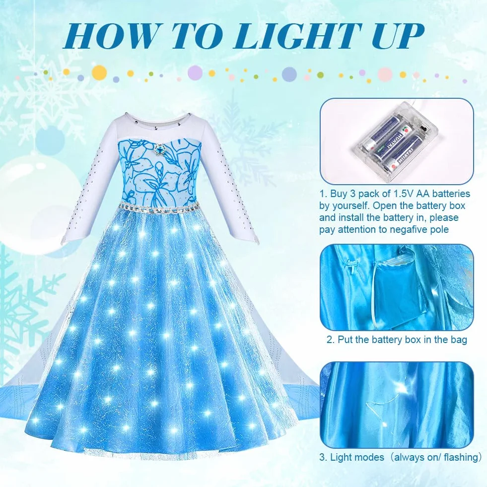 ACWOO Led kostium Elsa, kostium księżniczki Elsa Kraina lodu, sukienka Elsy z akcesoriami koronowymi, różdżką i broszką, świecąca sukienka Elsa nadaje się na Halloween, Boże Narodzenie, Cosplay,