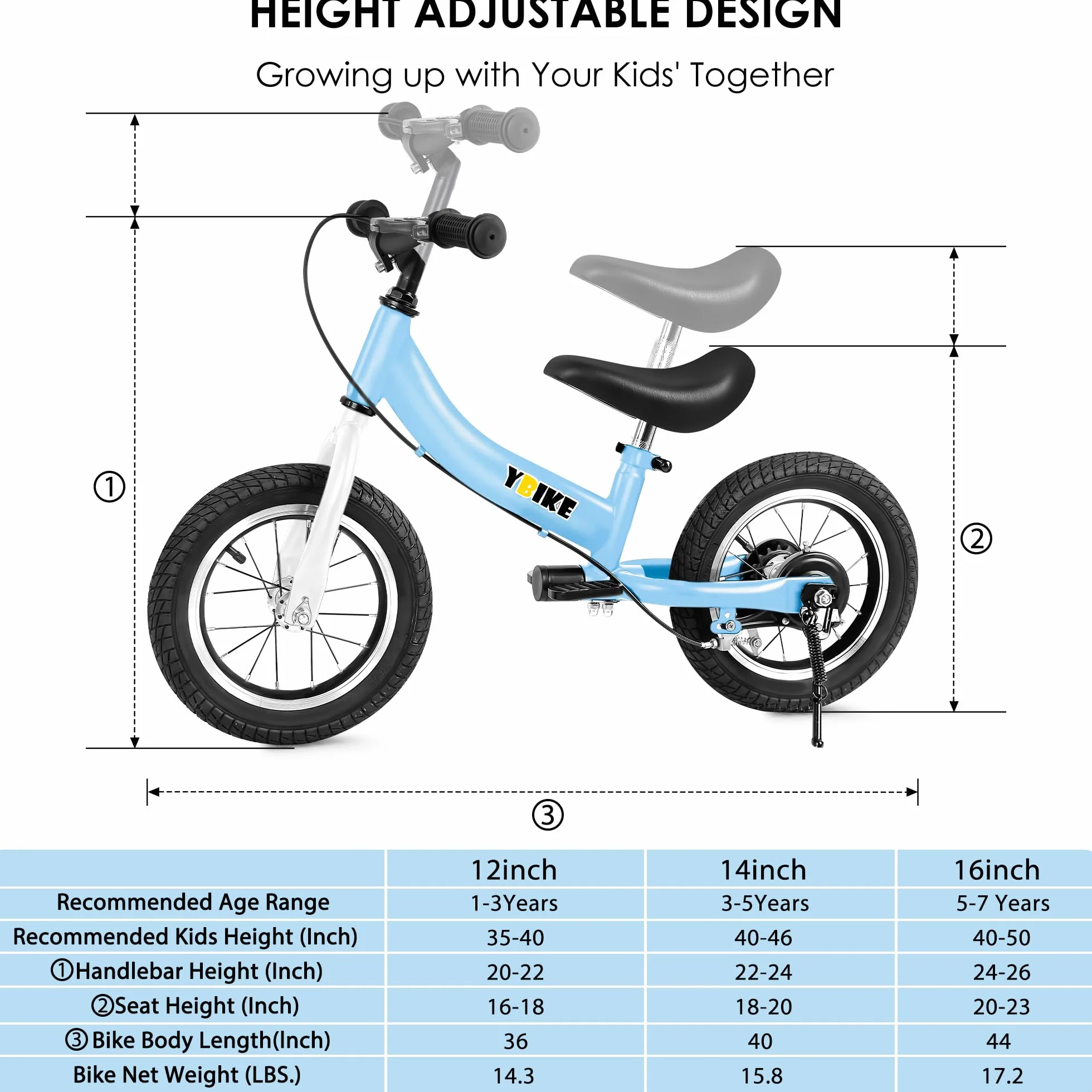 YBIKE Rower biegowy 2 w 1, podwójne zastosowanie rowerków biegowych dla dzieci i roweru dziecięcego, dla 2, 3, 4, 5, 6, 7 lat, 12, 14, 16 cali, z teorią treningu, hamulcem, pedałem