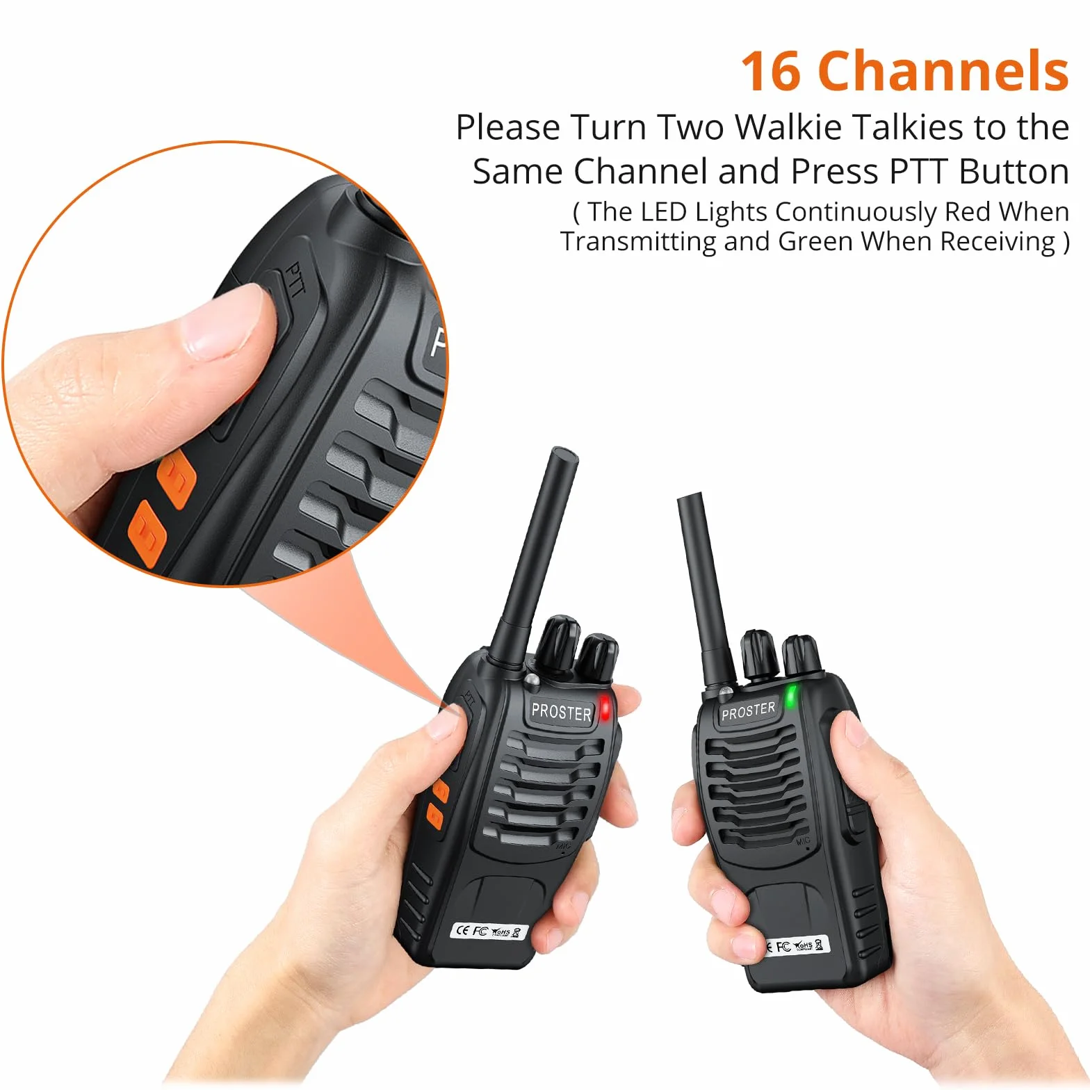 Proster Walkie Talkie 16 kanałów, ładowalne, Walky Talky, z ładowarką USB, słuchawki krótkofalówki z komunikatem głosowym, 1 para