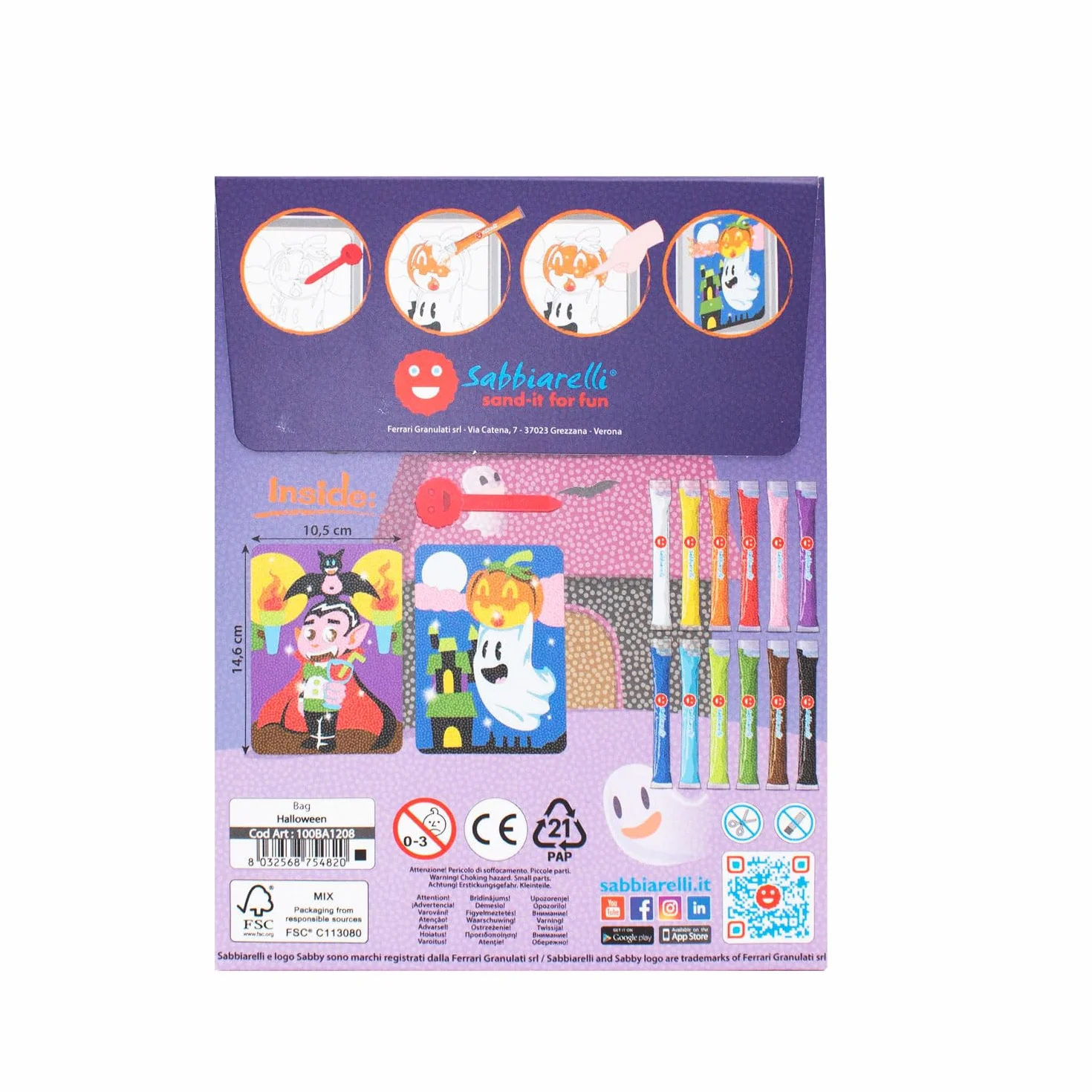 Sabbiarelli Sand-it For Fun – Bag Halloween | Mini Kit Sand Art z Motywem Halloween 100% Made in Italy z Kolorowym Piaskiem i Rysunkami Samoprzylepnymi | Dzieci 5-12