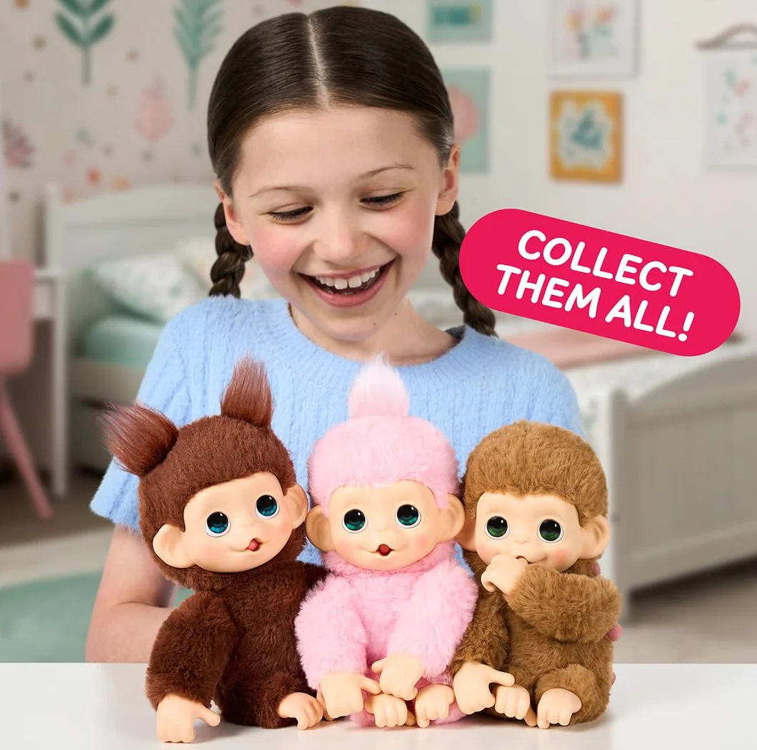 Little Live Pets Baby Monkey Minis – Chikki Cherry. Interaktywna zabawka dla zwierząt domowych. Ponad 20 dźwięków i reakcji. Miękkie brązowe futro. 18,8 cm wysokości. Super realistyczny. Karmić
