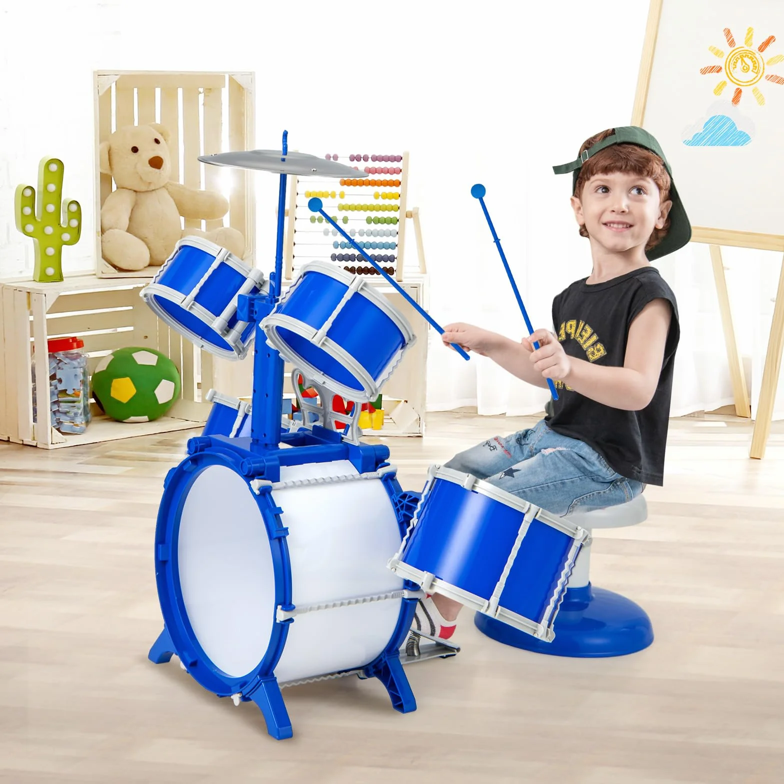 KOMFOTTEU Perkusja jazzowa dla dzieci od 3 lat, zestaw perkusyjny z taboretem, 5 bębnami, 2 pałeczkami, stojakiem na nuty i pedałem, instrument muzyczny dla dzieci, niebieski
