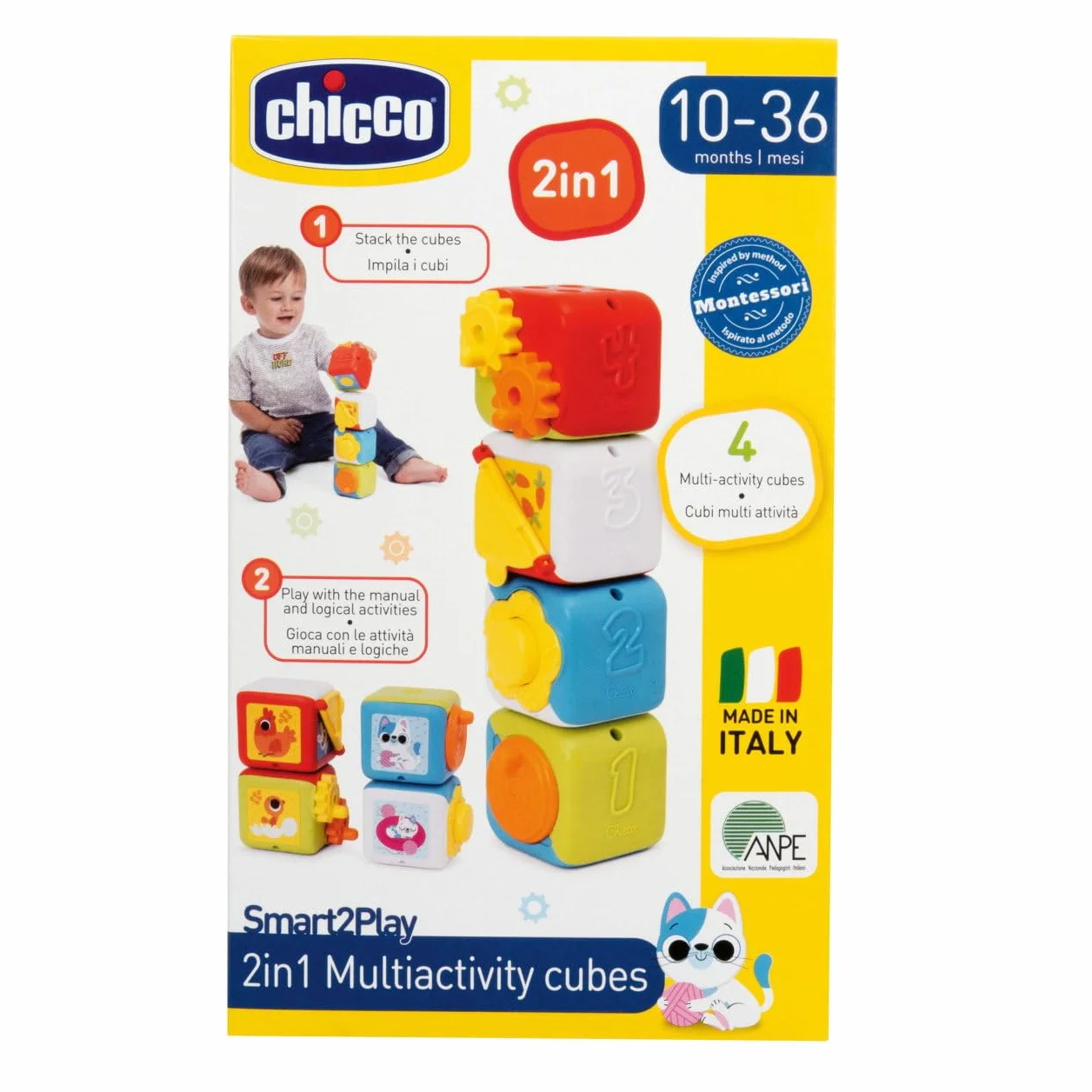 Chicco Wielofunkcyjne kostki 2w1, zestaw 4 kolorowych bloków zwierząt, układane w stos dla przyjemności sensorycznej, czynności manualne i logiczne, zabawki dla dzieci, 10-36 miesięcy