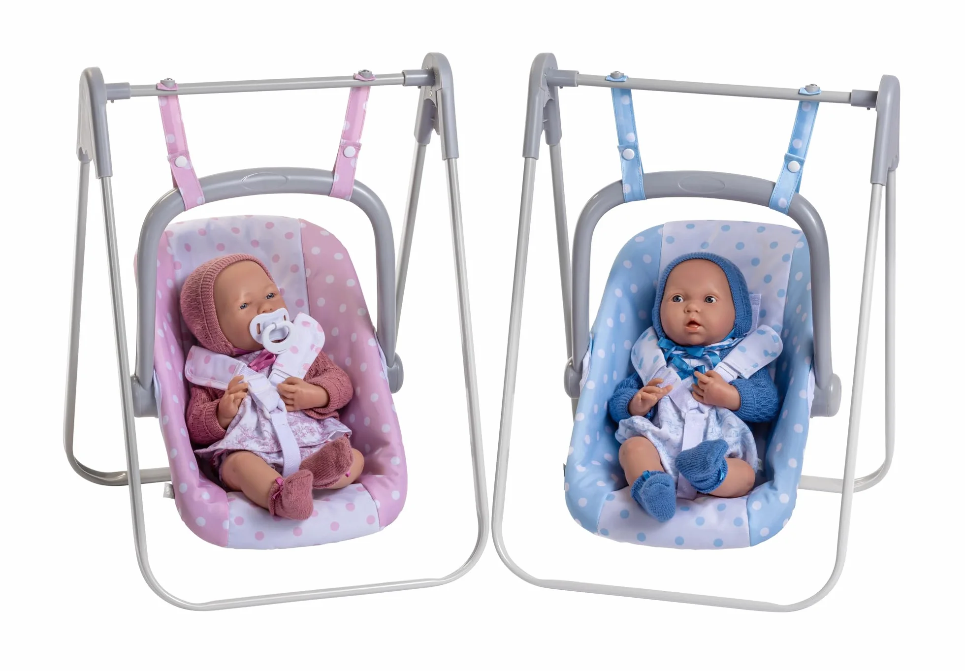 JC Toys - 2 w 1 Hamak i krzesło wielopozycyjne zdejmowane dla lalek do 45 cm, niebiesko-białe z kropkami, przenośny, lekki, zaprojektowany przez Berenguer Boutique, 3 lata