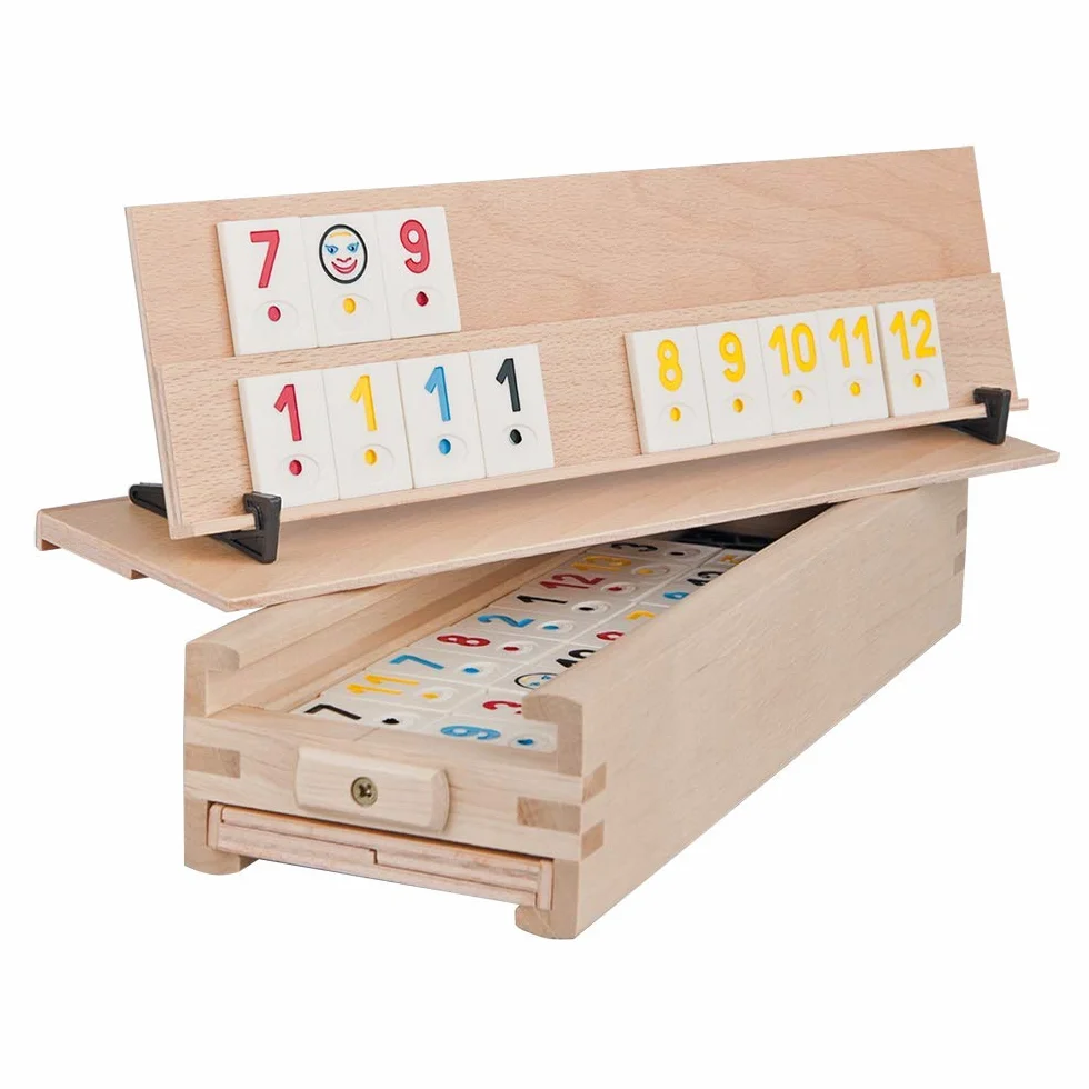 Rummy Spiel Medias – 106 płytek i pudełko do przechowywania z litego drewna bukowego