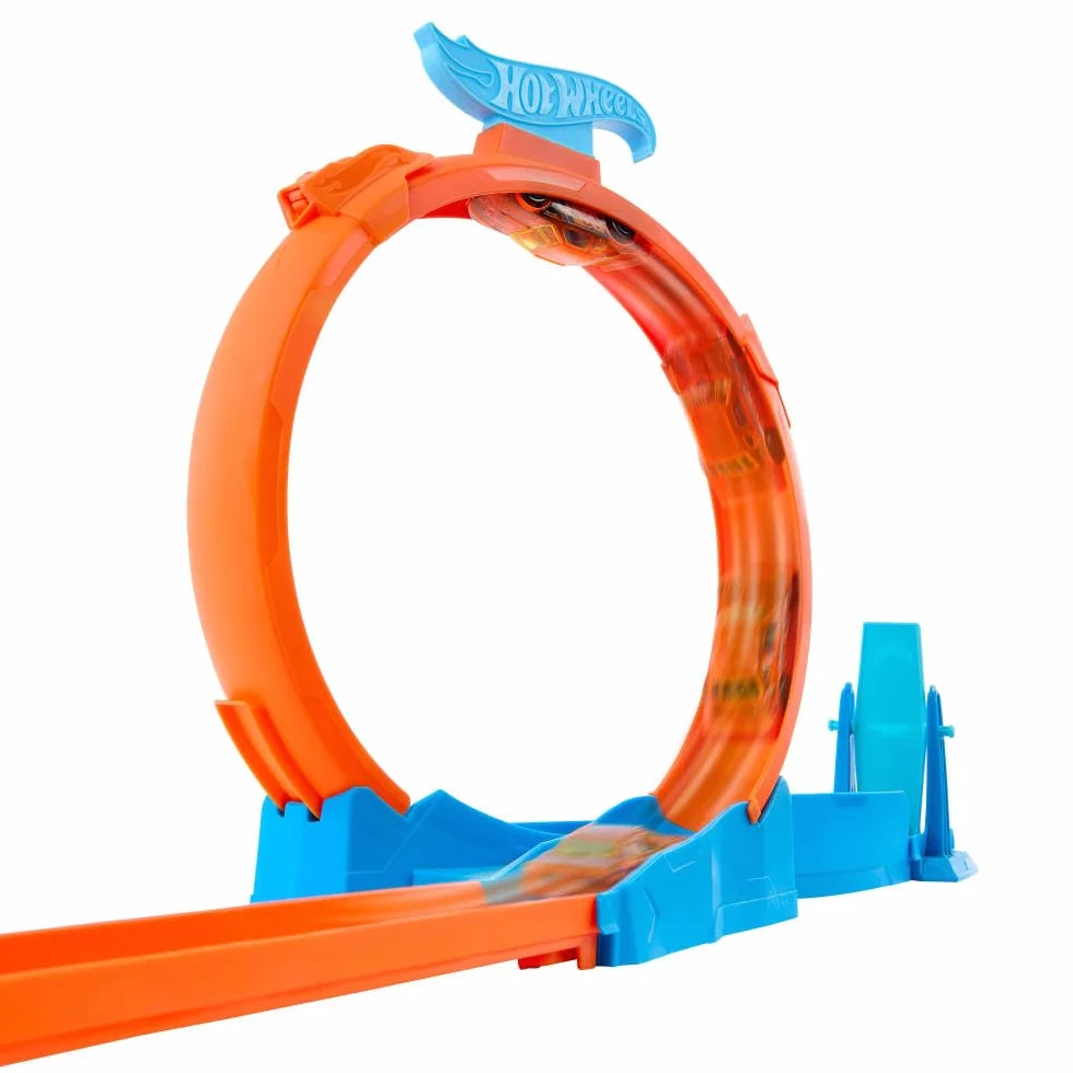 Hot Wheels Track Creator Tor wyścigowy Trzy pętle Zestaw do zabawy: samochód zabawka w skali 1:64, elementy do zbudowania toru z 3 pętlami, system torów Speed Snap Szybki klik i adaptery, JDW39