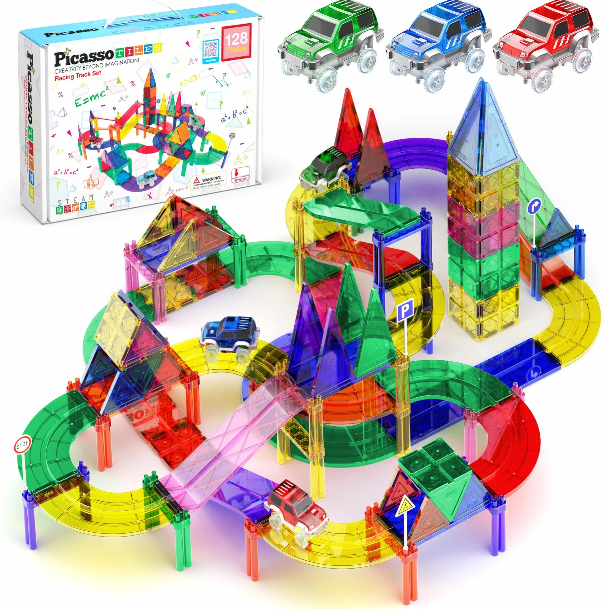 PicassoTiles Zestaw 128 magnetycznych zabawek wyścigowych dla dzieci, w zestawie 3 diody LED, do wyścigów wyścigowych, w wieku 3 lat