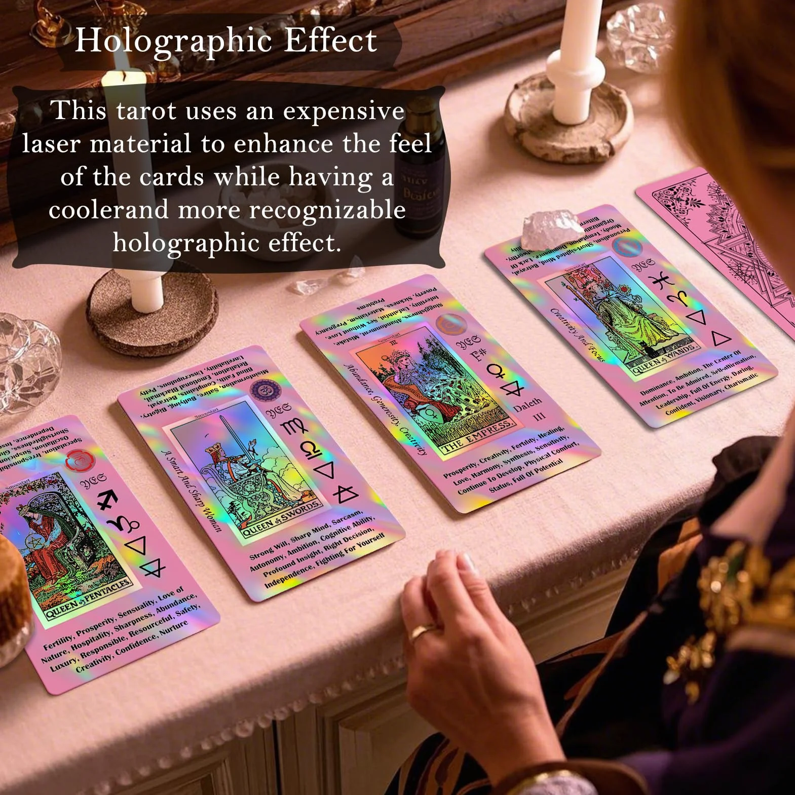 Smoostart Różowa holograficzna talia tarota dla początkujących z przewodnikami, słowami kluczowymi, elementami, planetami, znakami zodiaku, czakrami, tak lub nie, numerologią, literami hebrajskimi