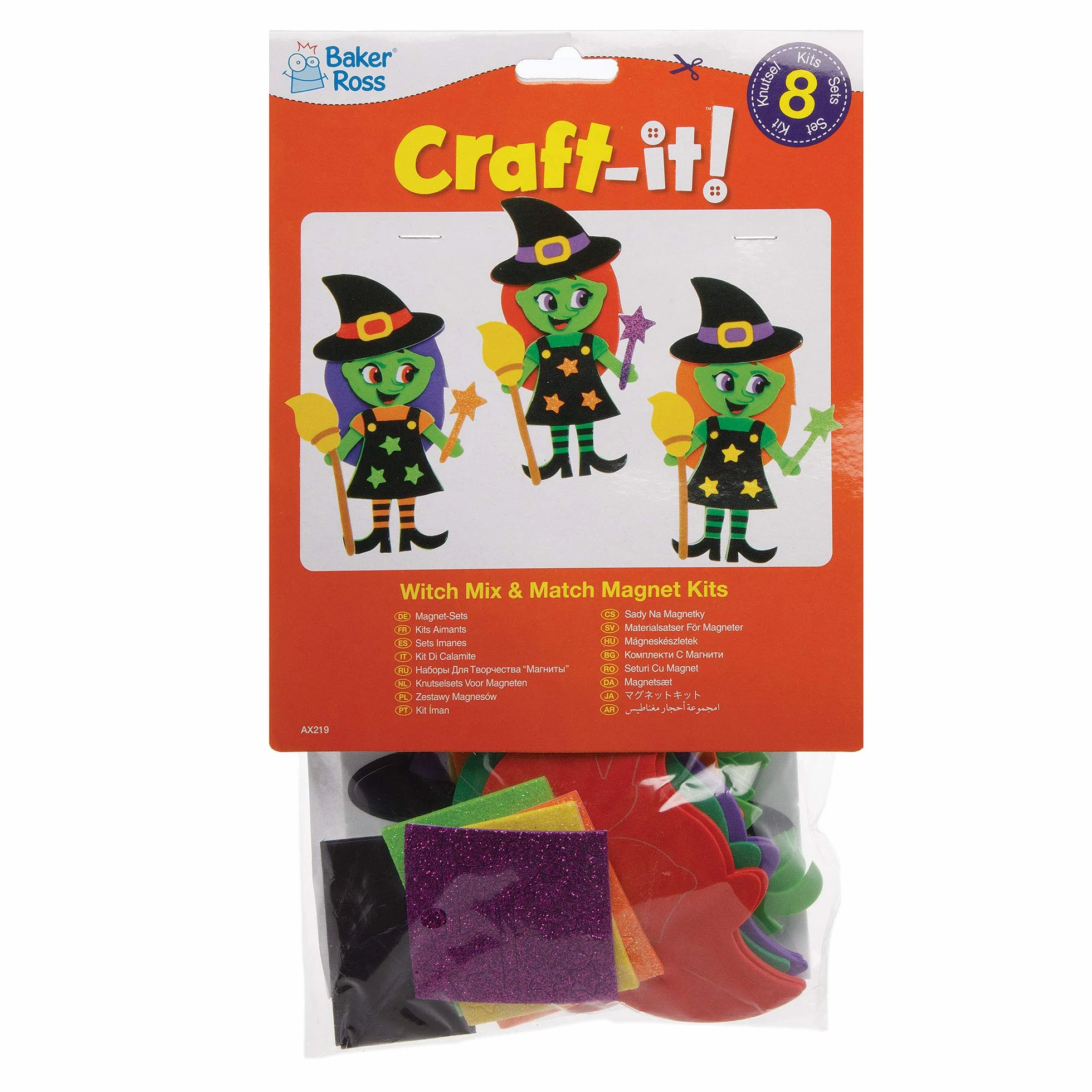 Baker Ross Zestaw magnesów do dekoracji na Halloween, zestaw 8 sztuk, zestawy rzemieślnicze na Halloween, dla dzieci, piankowa czarownica, dekoracja sztuka i rzemiosło (AX219)