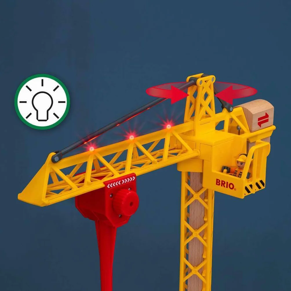 BRIO World 33835 Duży dźwig budowlany z oświetleniem - drewniane akcesoria kolejowe - polecane dla dzieci w wieku 3 lat i starszych